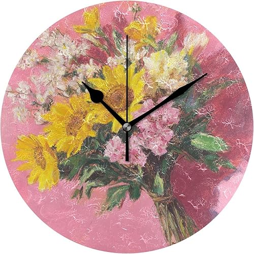 Retro Flowers with Pink Oil Painting Feel 10 Inch Round Wall Mount Clock Silent Unique for Farmhouse Living Room Living Room reloj de pared para