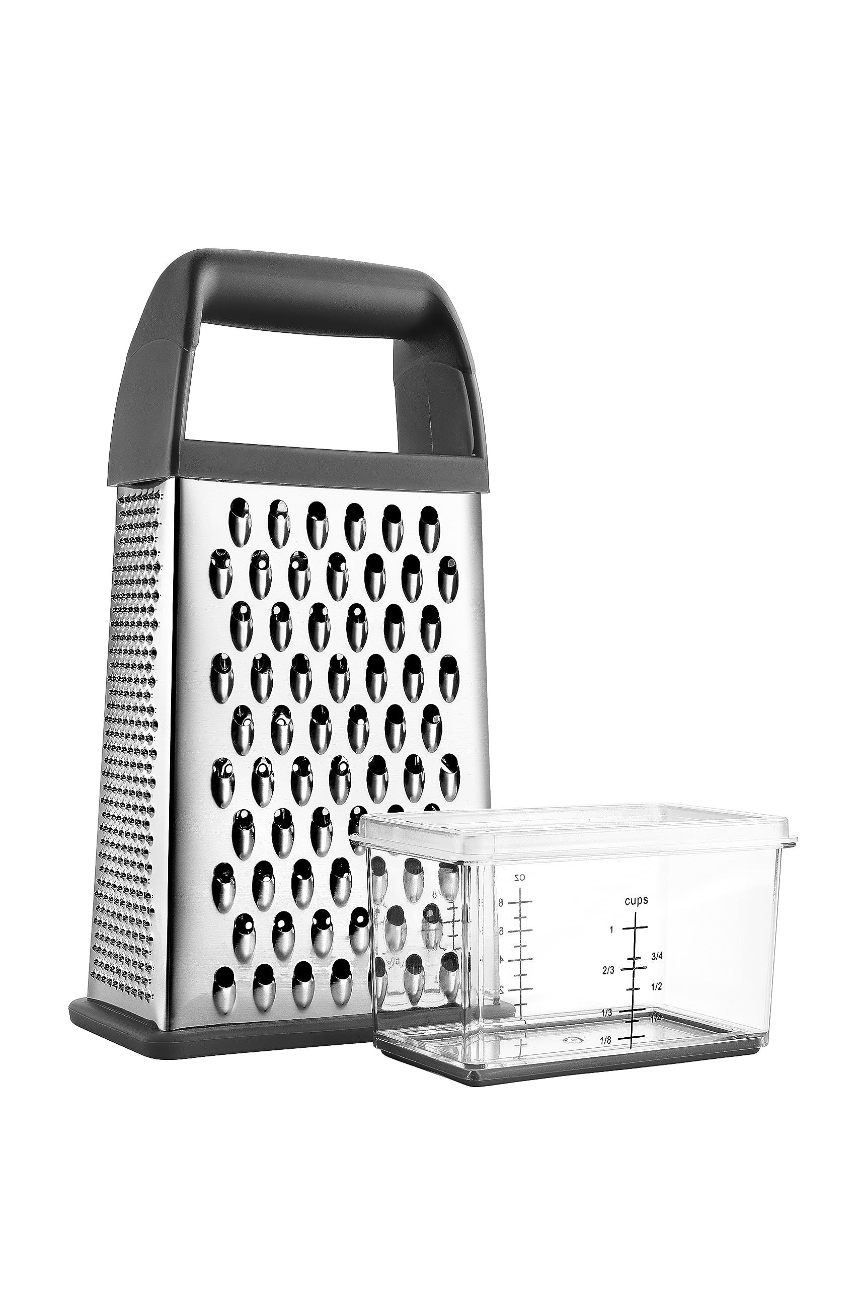Spring Chef Professional Gray 10" Parmesan Cheese Grater With Container, Stainless Steel & Soft Grip Handle, 4 Sided Kitchen Carrot Shredder, Handheld Box Grater for Potato, Veggie, Ginger, Hashbrown