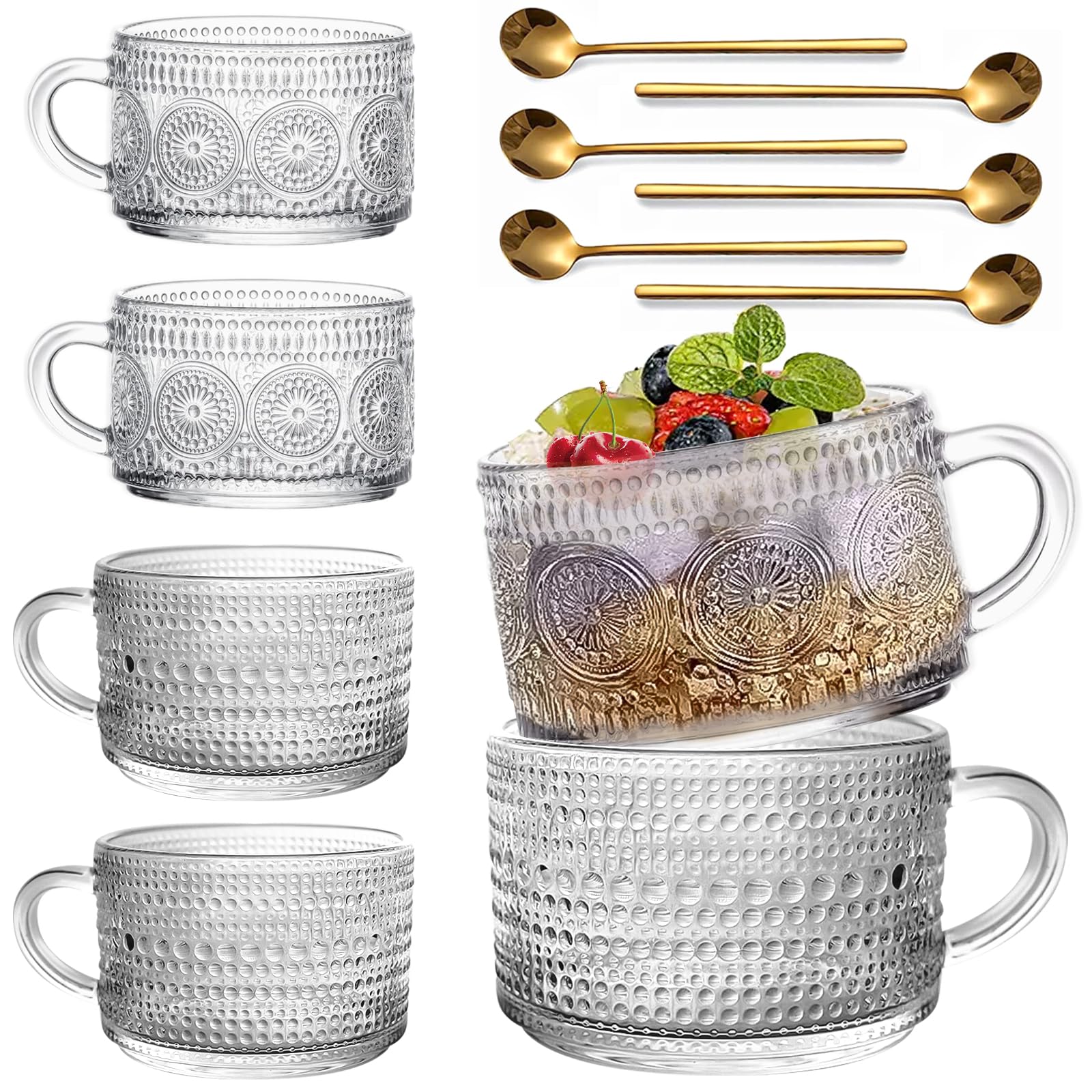 Vintage Glass Coffee Mugs Gifts for Women 14 Oz Set of 6 Clear Embossed Tea Cups, Overnight Oats Containers for Breakfast, Christmas Gifts Coffee Bar Accessories, Iced Coffee Glasses