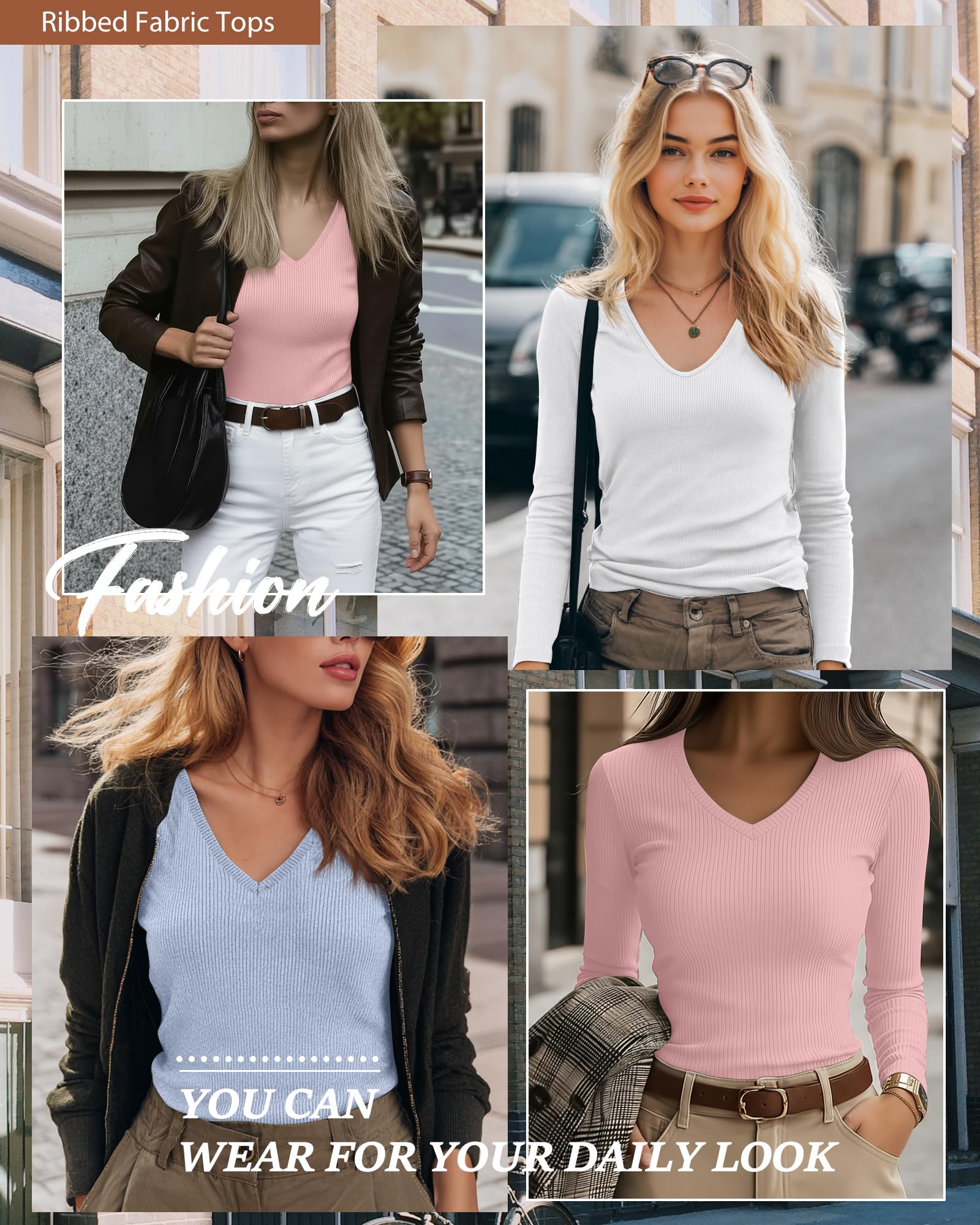 Ficerd 3er-Pack Damen Langarm Rippstrick-Shirts