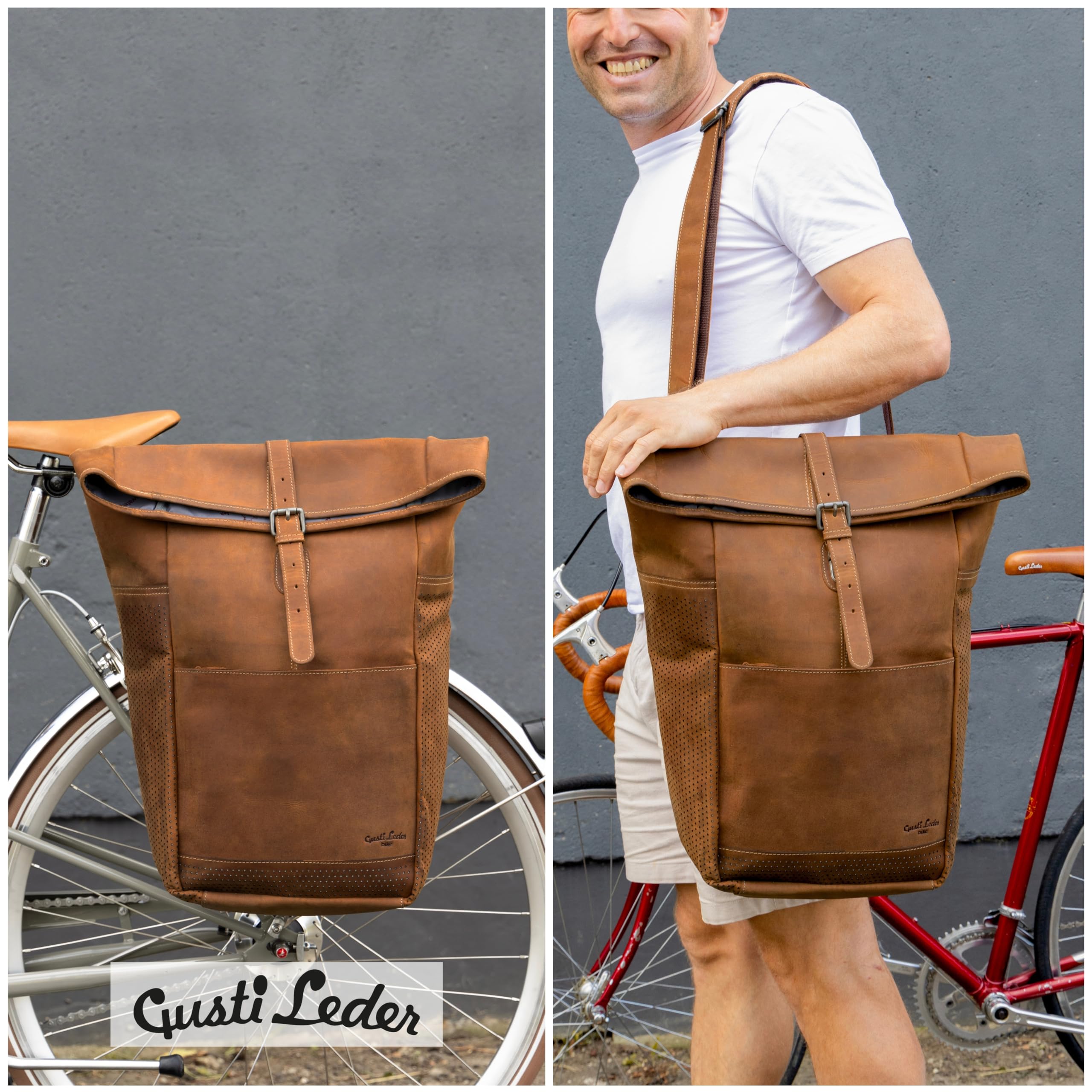 Gusti pelle Borsa portapacchi - Miquel I. Borsa laterale con tracolla per bici grande in pelle marrone