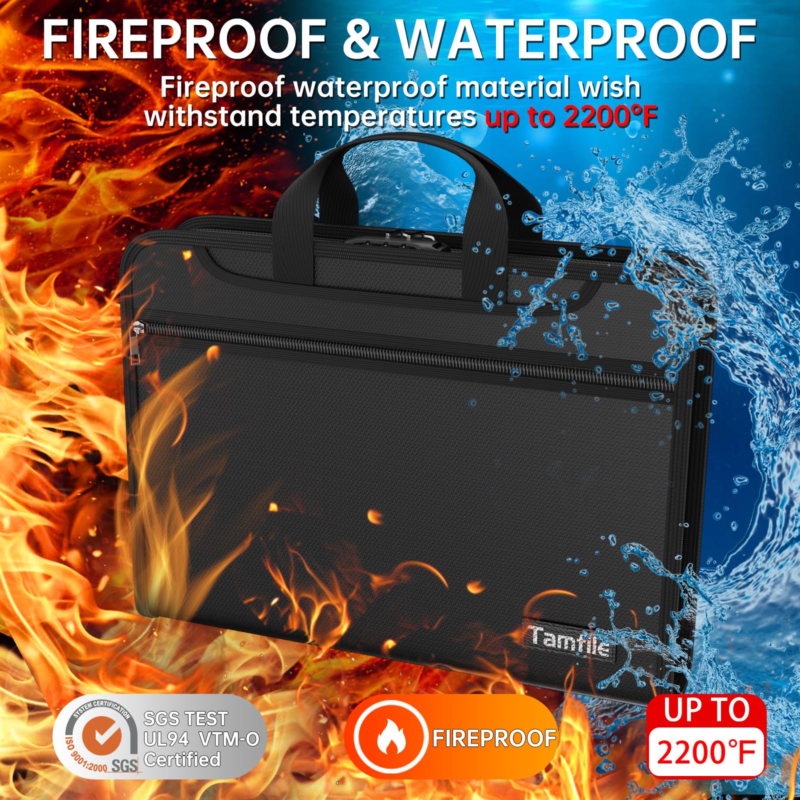 Tamfile Fireproof Document Organiser with Lock, 13 Pockets Expanding File Folder A4 with Zipper and Handles - Image 2