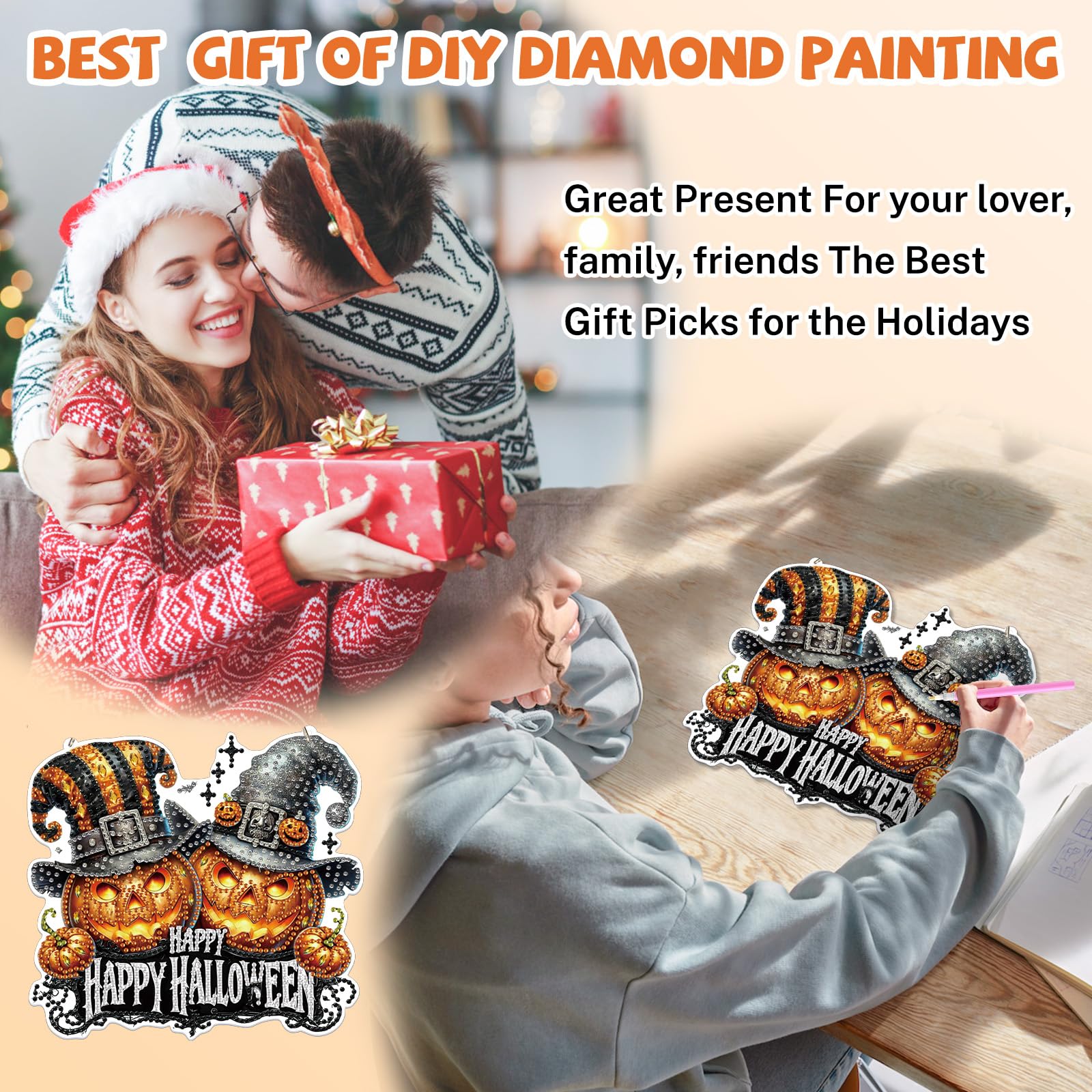 Lxmsja Halloween Diamond Art Hanging Ornaments with Chain for Adults Kids Special Shaped Pumpkin Diamond Painting Pendant Kits - Image 4