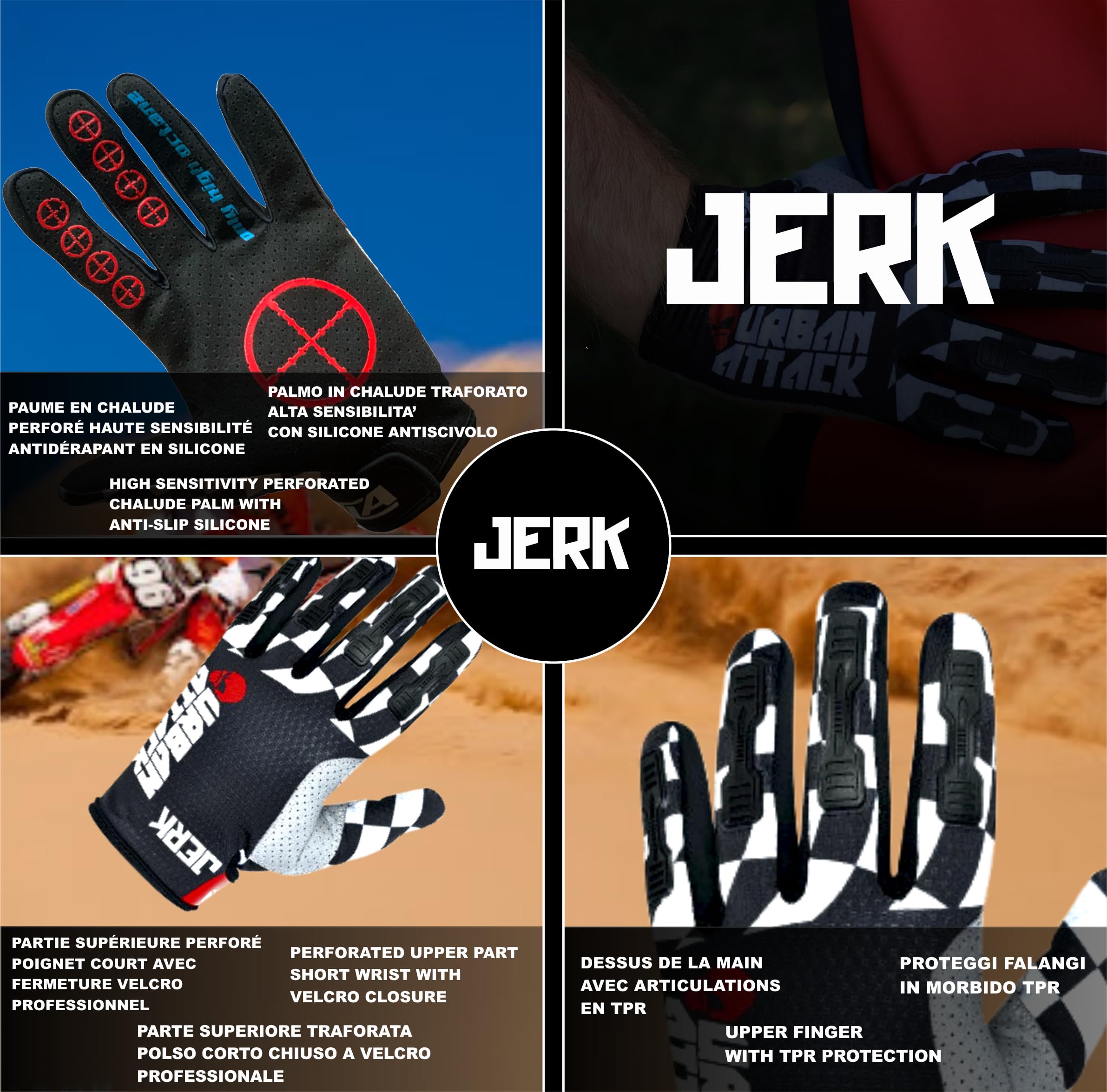 TLA JERK guanti motocross, mtb enduro, trial, bmx, unisex per uomo, donna e ragazzo, Abbigliamento moto e bici, Guanti ciclismo elasticizzati, leggeri, traspiranti e resistenti all’usura.