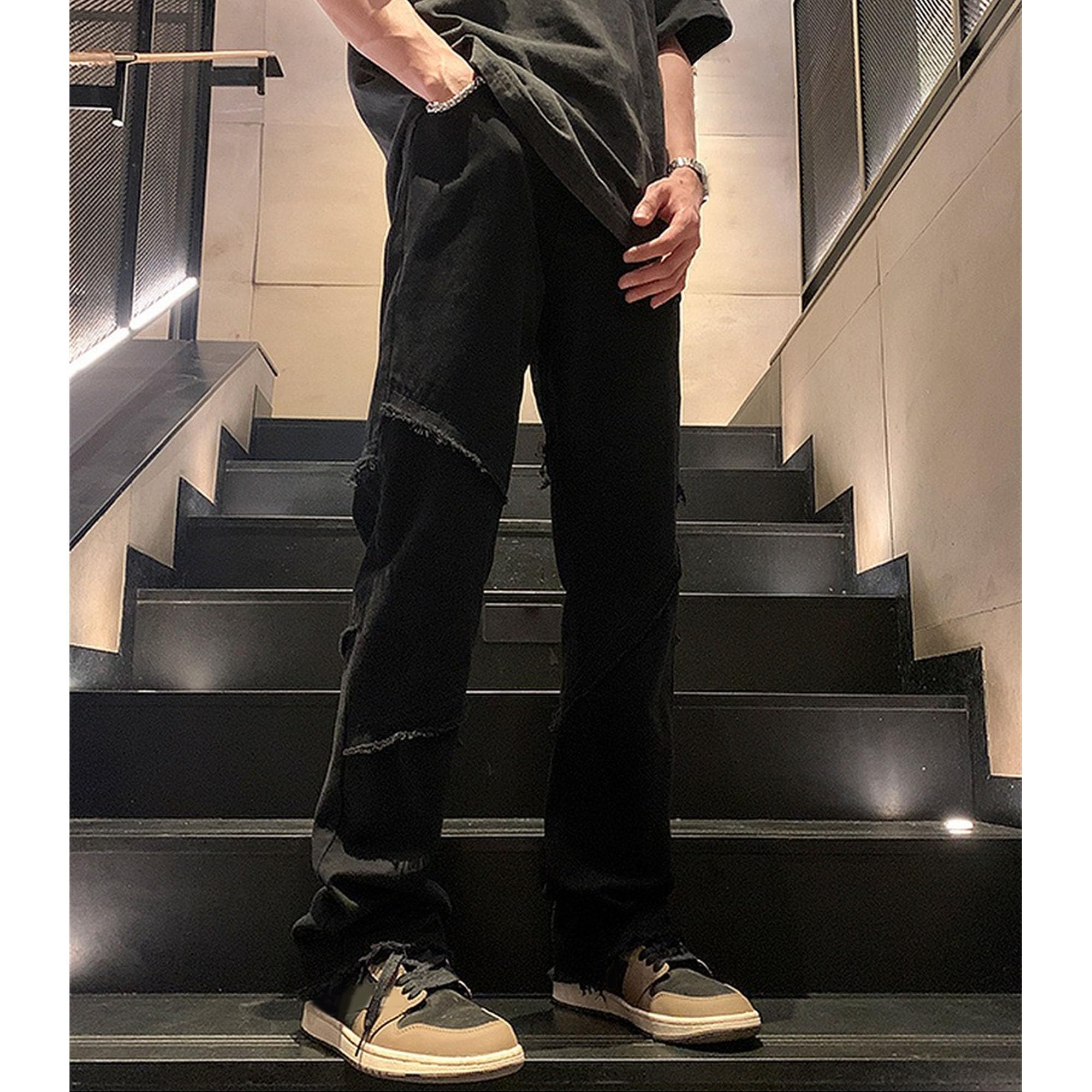 Maiyifu-GJ Men's Skinny Flare Jeans Slim Fit Casual Denim Pants Distressed Fashion Streetwear Jean Trousers (Black,X-Large)