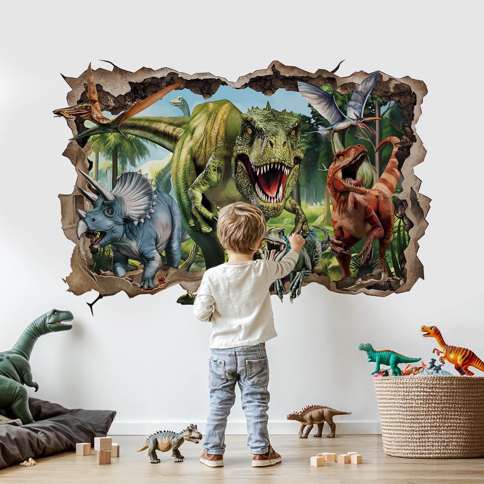 wondever 3D Large Dinosaur Wall Stickers Break Through Dino Jungle Dinosaur Peel and Stick Wall Art Decals for Boys Room Baby Nursery Kids Bedroom