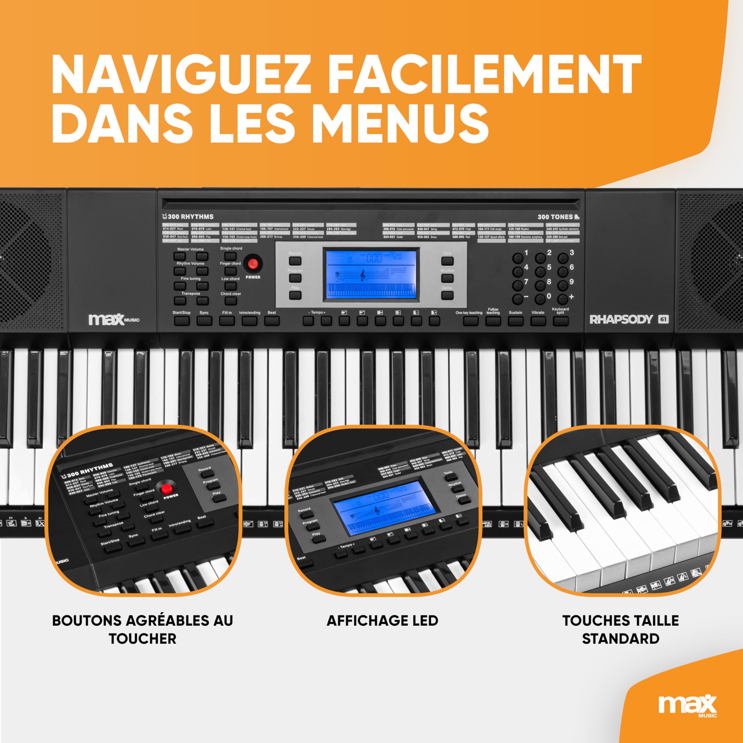 Max Rhapsody61 Clavier Électronique, 61 Touches, Pack complet avec Casque Audio, Stand, Micro et Banc, Synthétiseur Débutant Complet, Deux Haut-parleurs Intégrés, Idéal pour l'Apprentissage