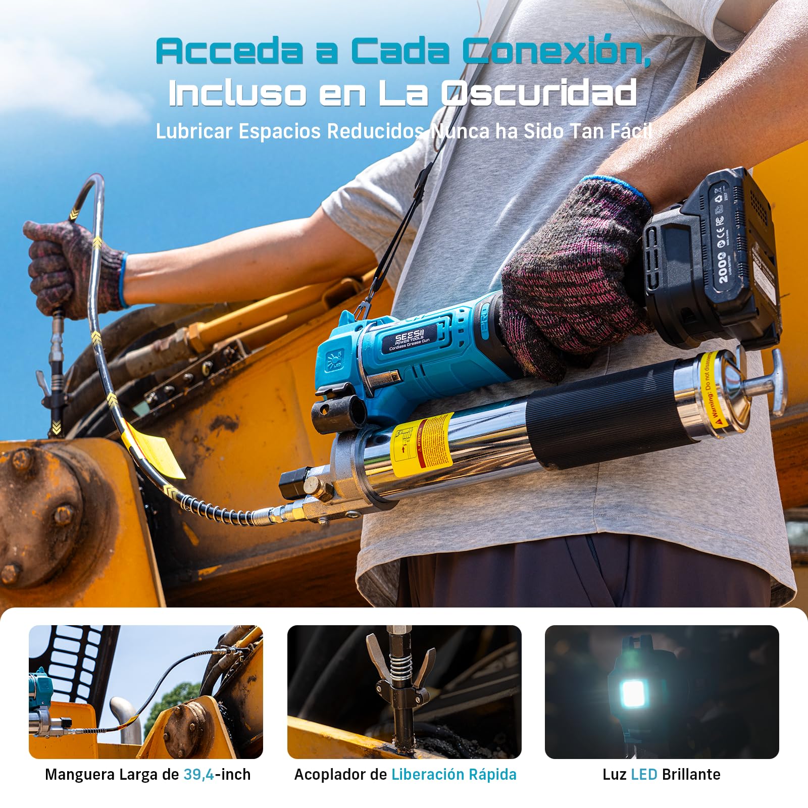 Seesii Engrasadora Bateria: Eficiencia Pistola de Grasa eléctrica 6,4 oz/min 10000 PSI, 2 * 2,0 Ah baterías, con Manguera Larga de 39.4'',diseñada para Agricultores, Camioneros y Equipos Pesados