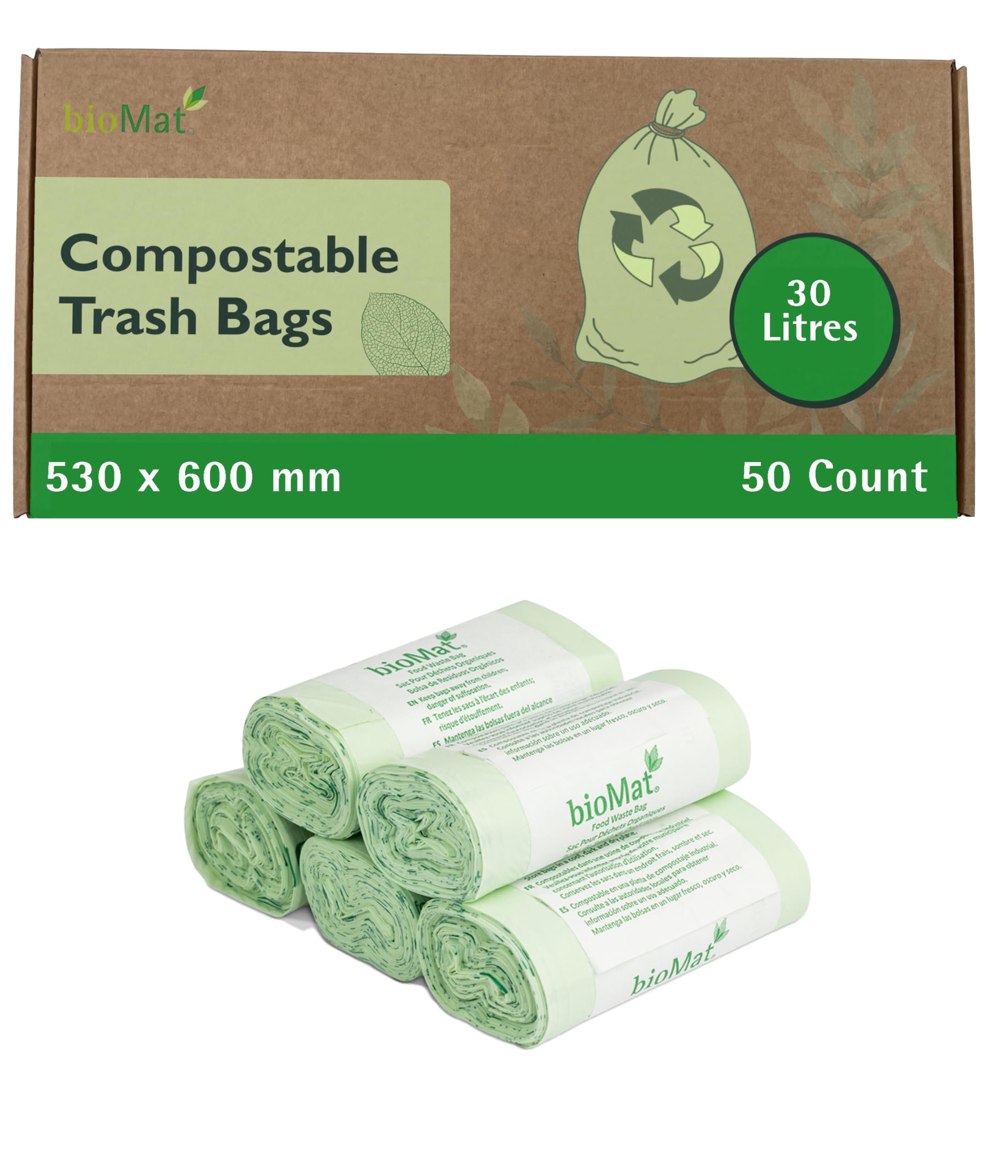 bioMat Compostable 30 Litre Kitchen Caddy Liners, 50 Refuse Sacks, EN 13432 Certified Compostable Food Waste Bags, for Organic Waste, Household Waste