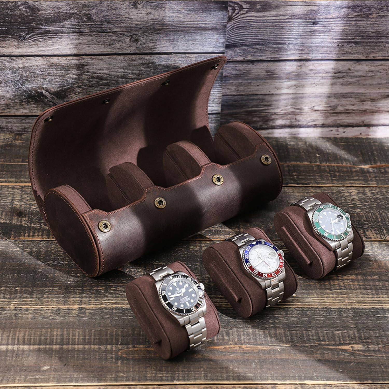 Acidea Reiseetui aus echtem Leder, Reise-Uhrenetui für Herren, 3-Wege-Rolletui für Armbänder, tragbarer Uhren-Aufbewahrungs-Organizer mit abnehmbaren Kissen
