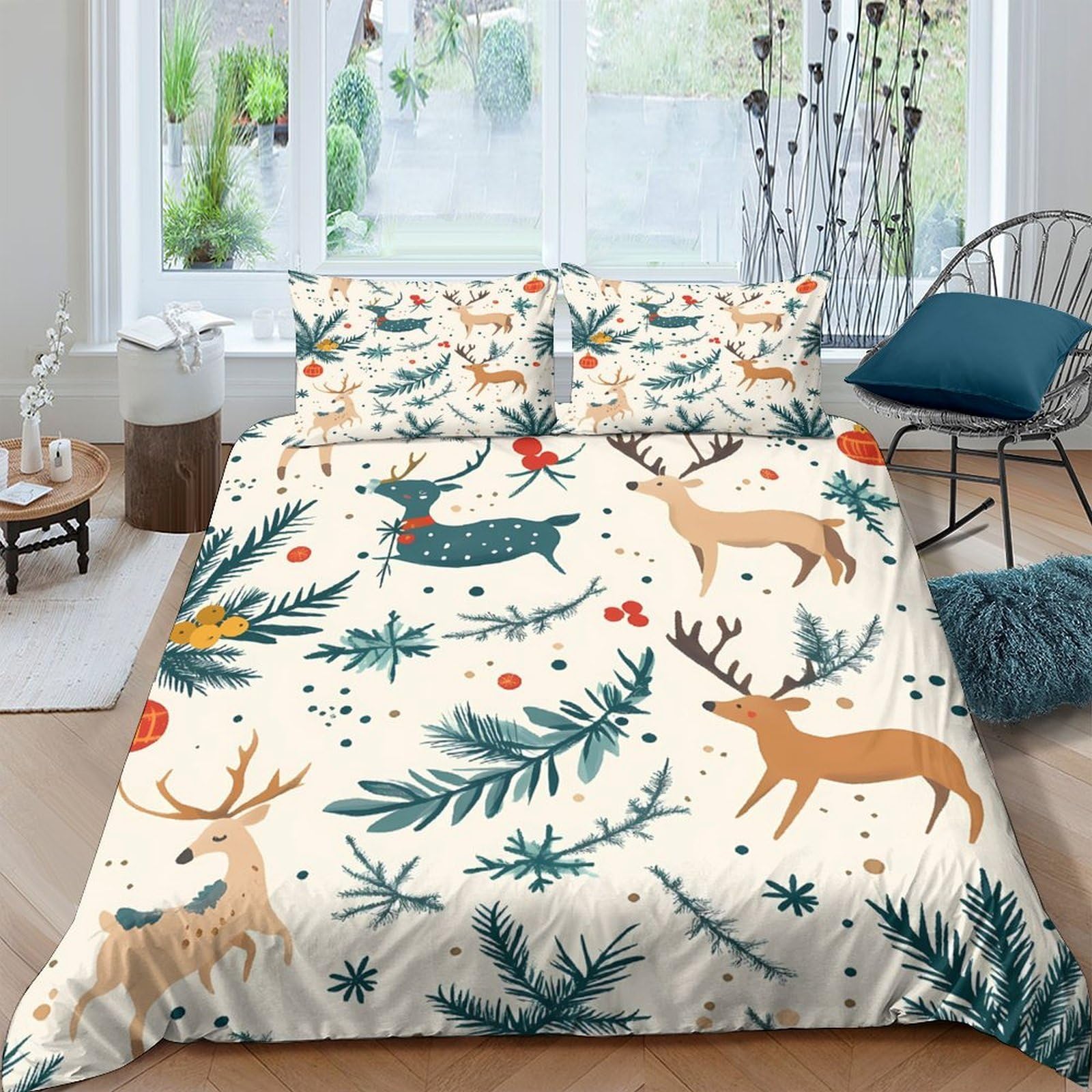 GPLZQXKJNH 3D Printed Christmas Reindeer Duvet Cover Set Microfiber Soft Breathable Forest Bedding Set with 2 Pillowcases for Bedroom Decor, Single（135x200cm）