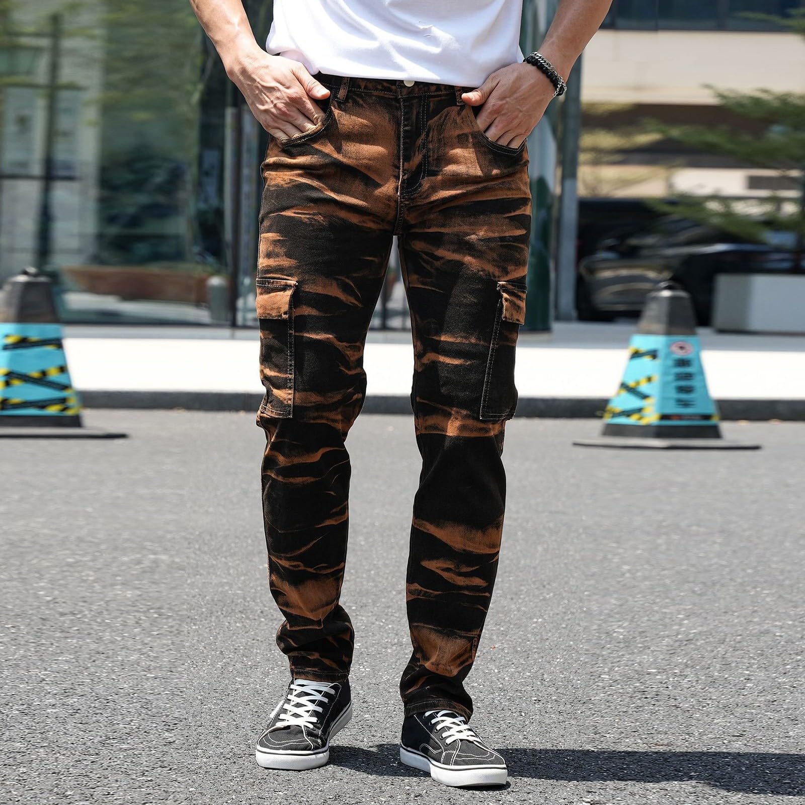Generisch Pantalones cargo para hombre Slim Fit: pantalones de chándal con muchos bolsillos pantalones deportivos con puños pantalones de exterior elásticos pantalones de ocio con impresión pantalones