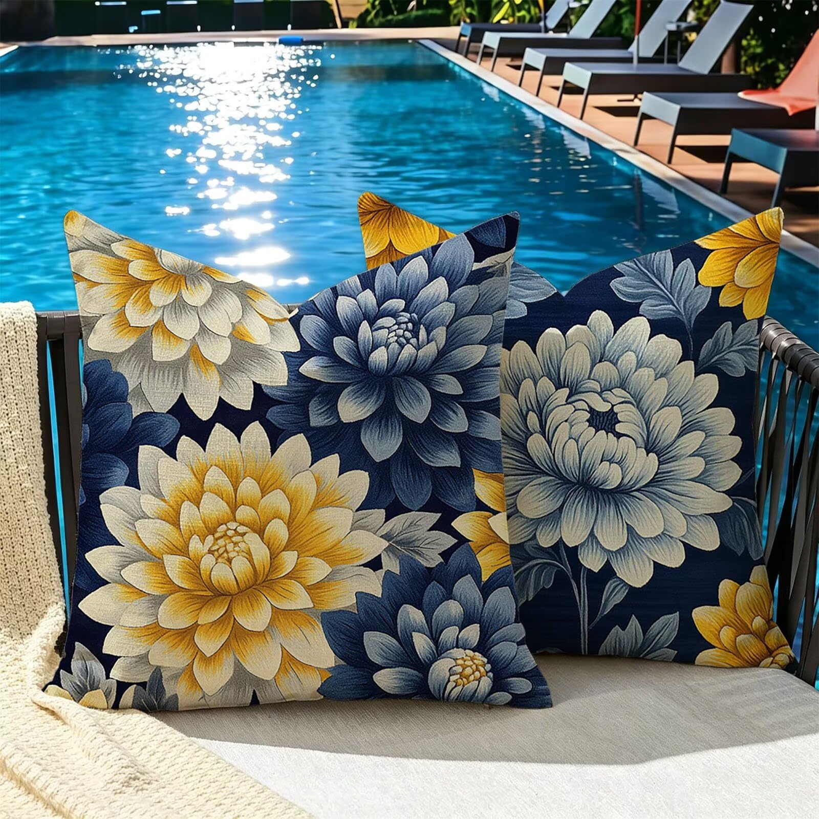 Kissenbezug 65x65cm Outdoor Kissen 2er Set Blume Blau Leinen Dekokissen