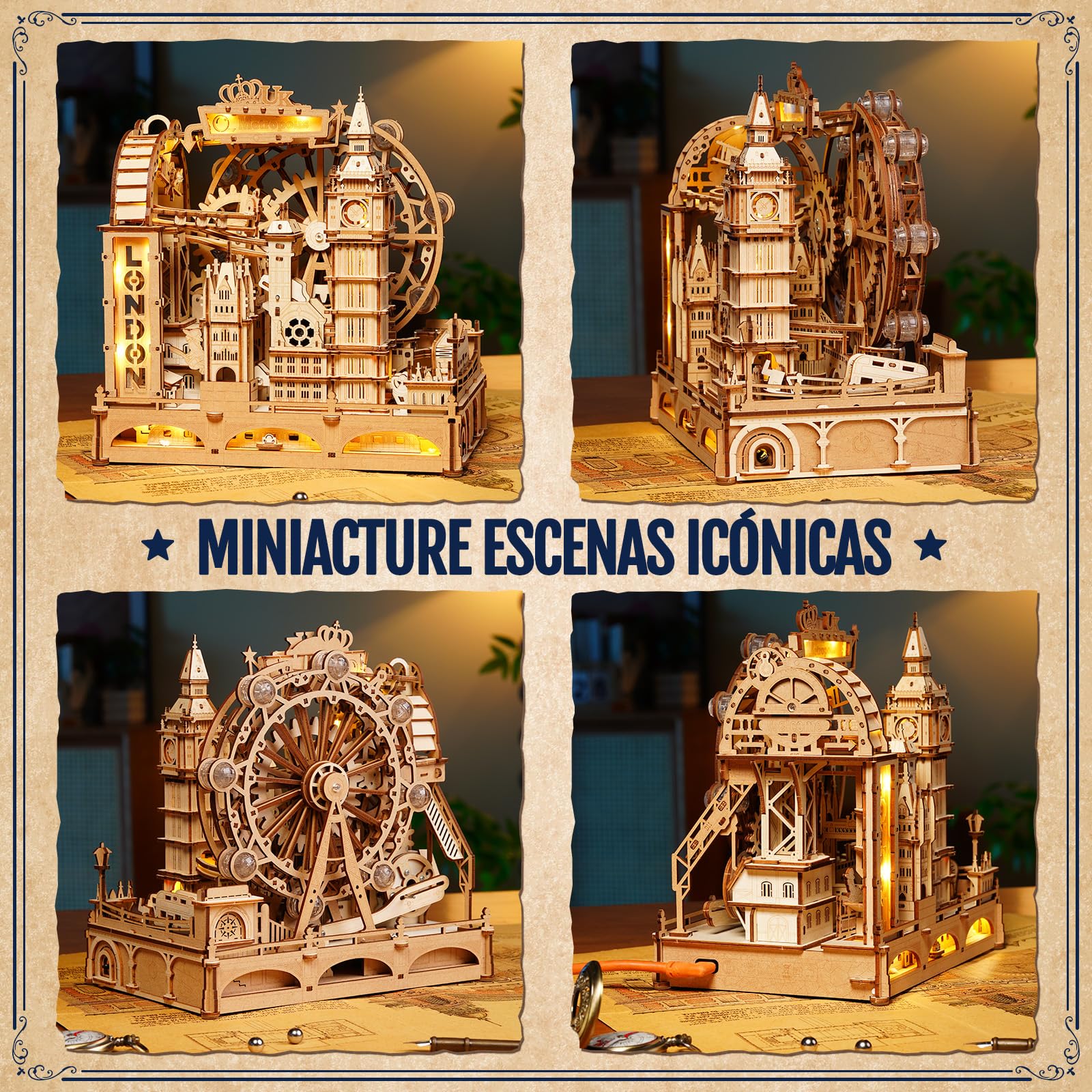 ROKR Marble Travel London – Puzzle de Circuito de Canicas 3D en Madera, Kit Stem para Adolescentes y Adultos, Modelo Interactivo de Monumentos de Londres con Luz Decorativa