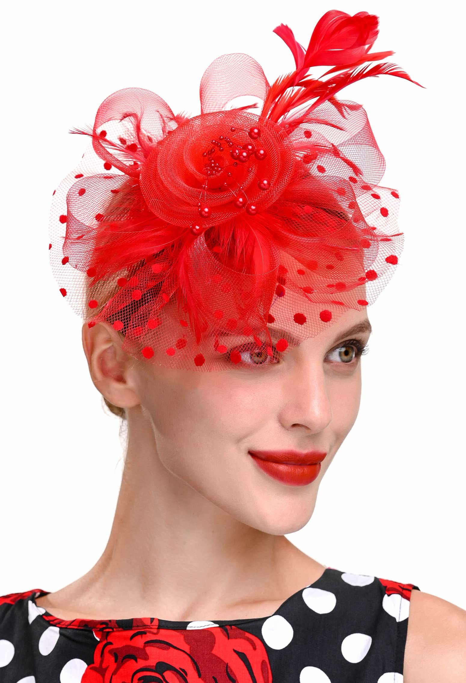 ZivyesFeather Fascinator Headband for Women Tea Party Derby Pillbox Hat with Flower Beads Dot Net and Veil