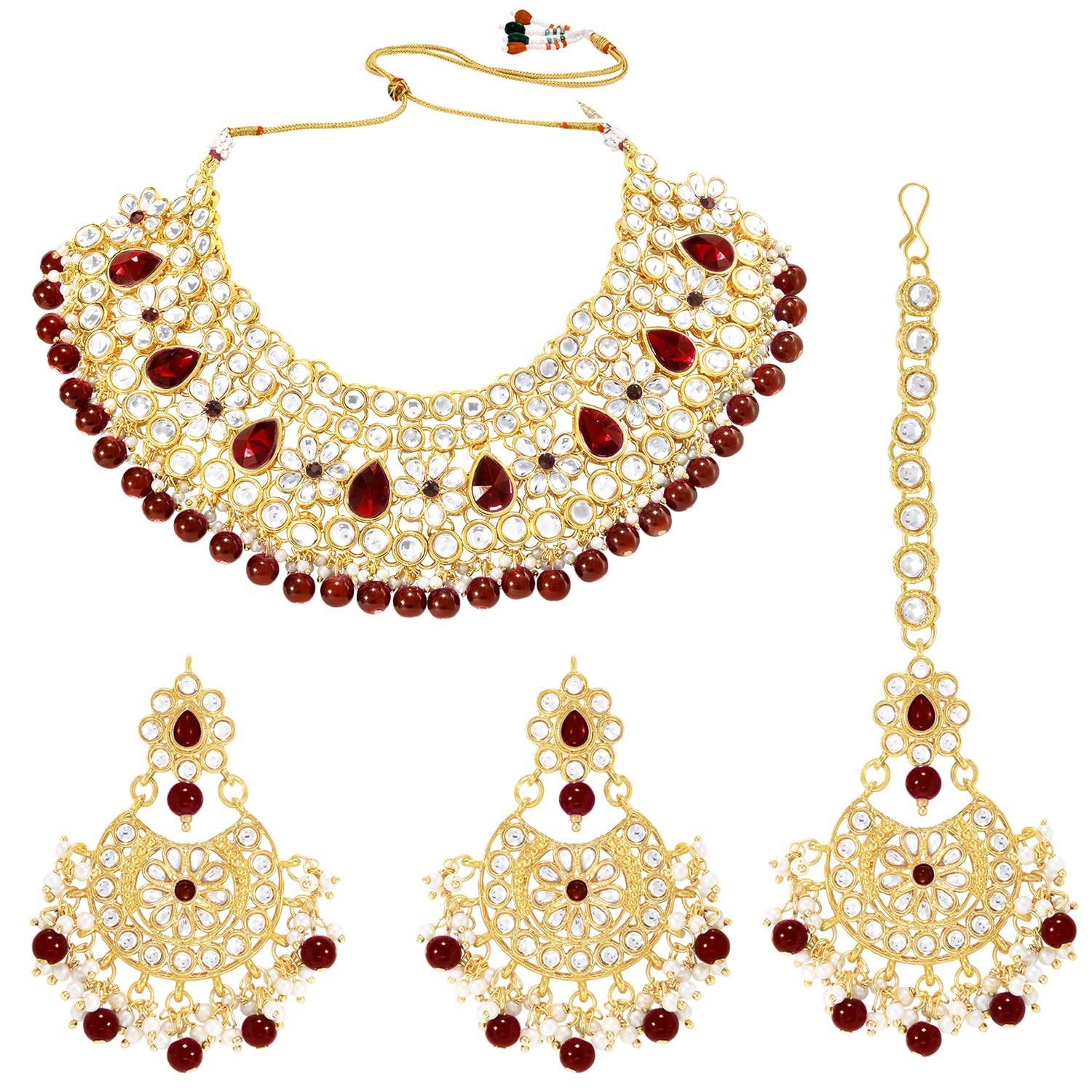 Aheli Collana girocollo Kundan placcata in oro con orecchini Maang Tikka, set di gioielli tradizionali regalo per le donne
