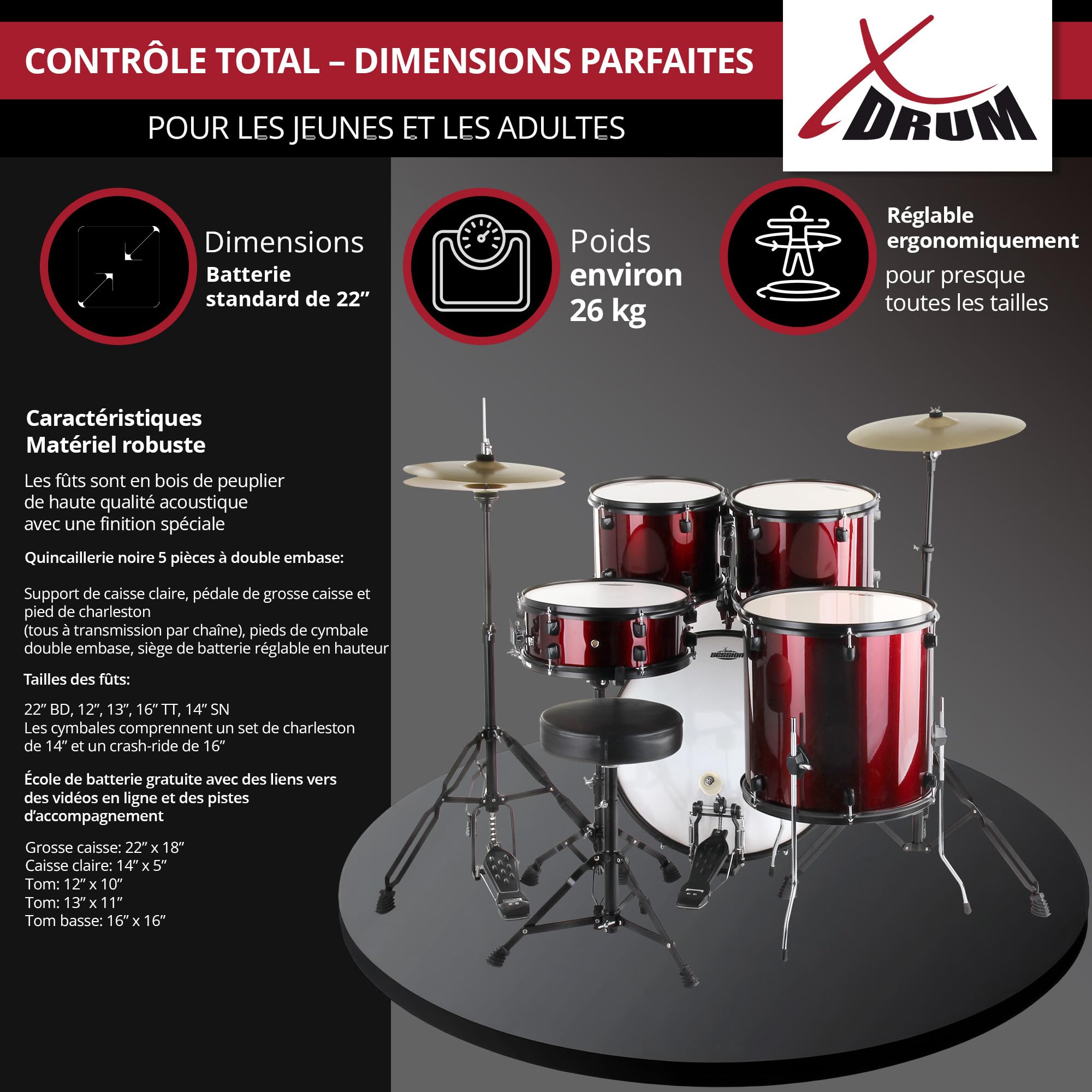 XDrum Rookie 22" Standard Batterie ruby red set complet