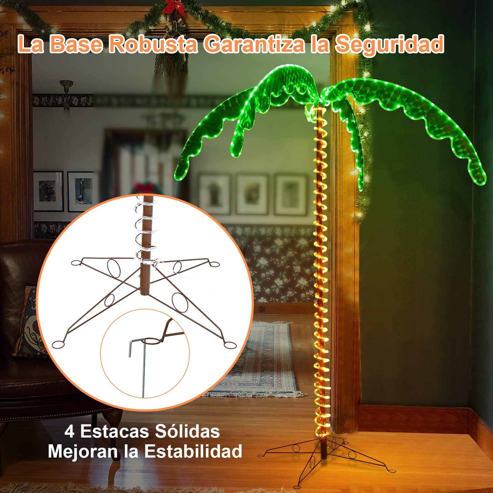 COSTWAY Palmera Tropical LED 136/138 cm, Palmera Artificial con Luces LED y Palos Sólidos, Palmera Iluminada con Base Plegable, Palmera Decorativa para Casa Fiestas y Navidad (175 x 120 x 218 cm)