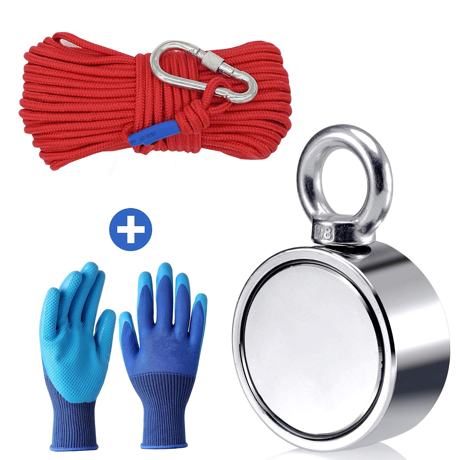 Fishing Magnet with Rope Glove Set, 660LB Pulling Force Super Strong Neodymium Magnet with 64 ft Nylon Rope & Carabiner for Magnet Fishing and Retrieving in River - 60mm Diameter