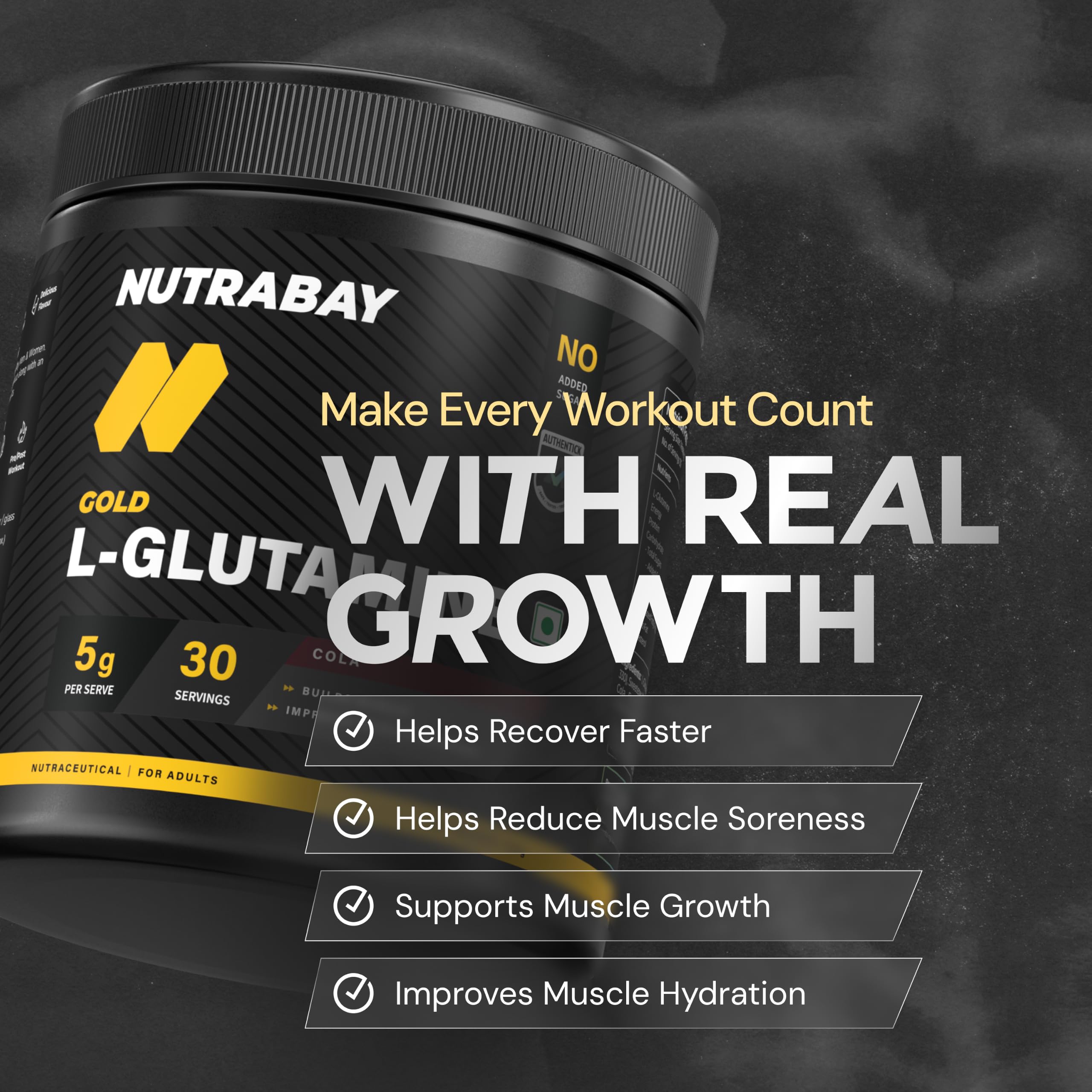 Nutrabay Gold L-Glutamine Supplement Powder 180g, Cola Flavor β Post Workout Amino Acid for Muscle Growth & Recovery | 100% Authentic Supplement | No Banned Substances | Tested for Purity 2