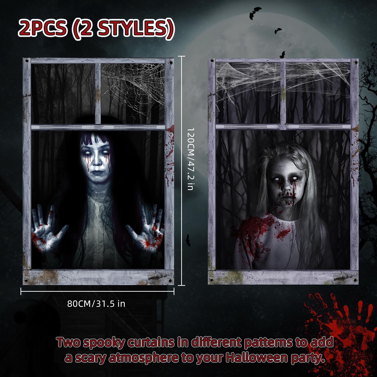 EDYCON 2 Pack Halloween Ghost Curtain Decorations - Female Ghost Window Cover for Indoor/Outdoor Party Decor