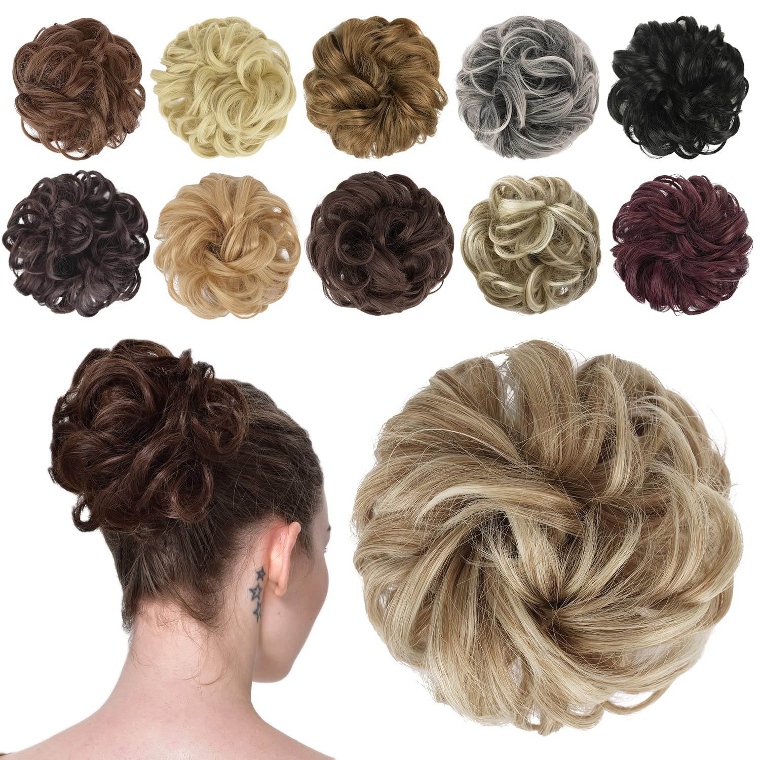 FESHFEN Messy Bun Hair Piece - Elastic Wavy Curly Hair Bun Scrunchies Extensions Synthetic Chignon Hairpieces for Women Girls, Mixed Blonde and Ash