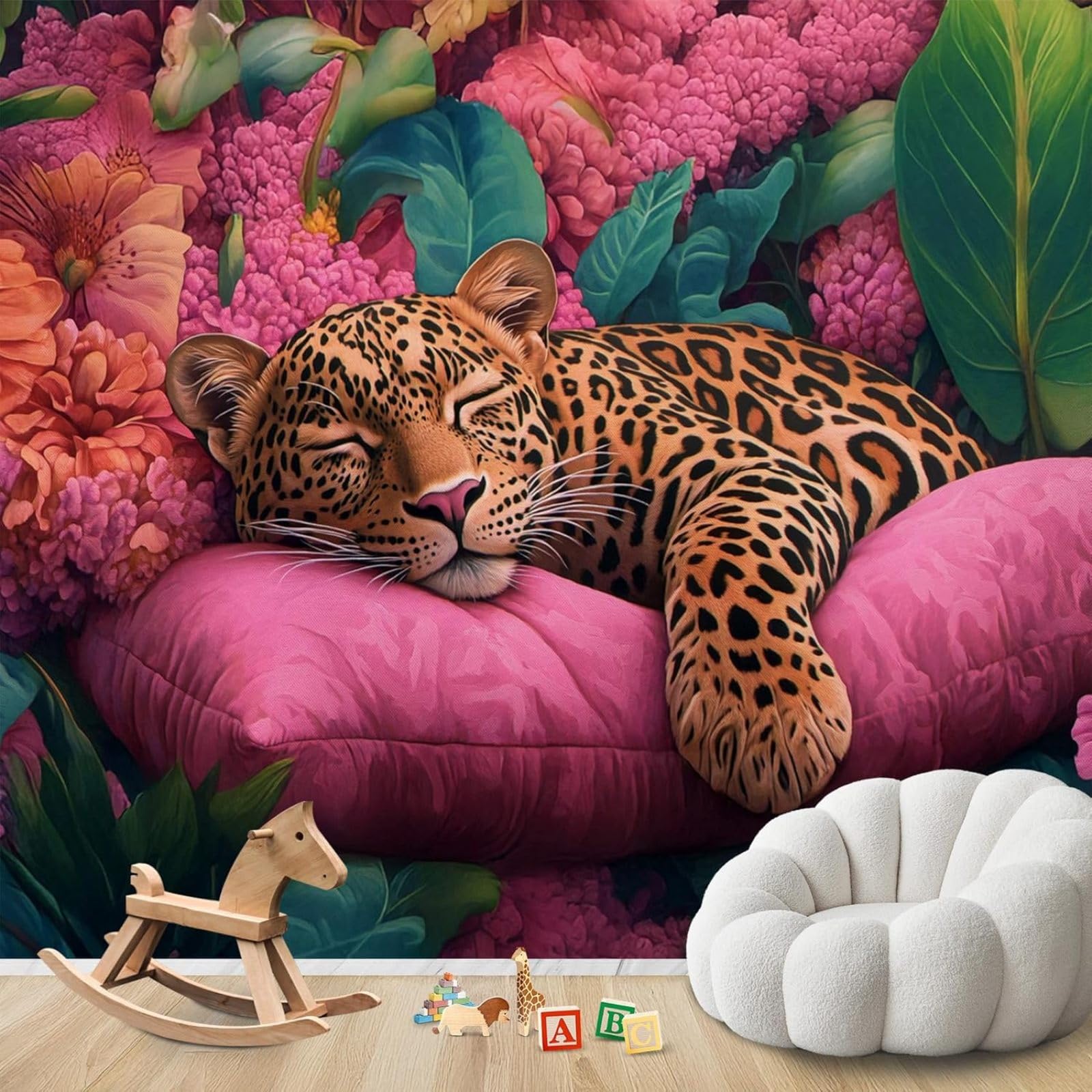 hgjdjhnf Photo Wallpaper Leopard Tropical Flowers Non-Woven ModernLiving Room Bedroom Children's RoomDecoration Motif Wallpaper,150cmx105cmSticker - Background- Painting - Poster