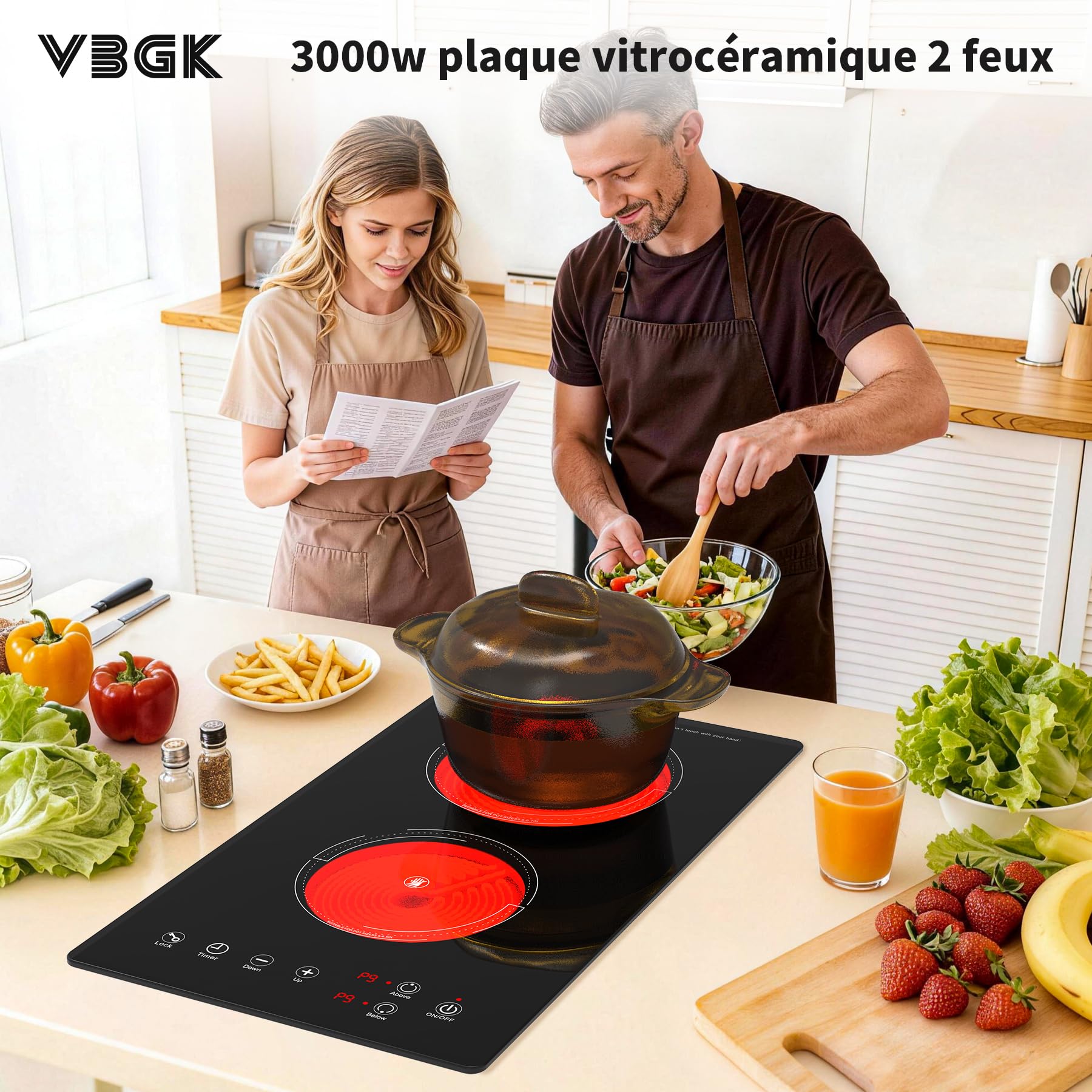 VBGK plaque de cuisson, 220V, 3000W, plaque vitrocéramique 2 feux avec commande tactile LED, 9 niveaux de puissance,Verrouillage enfant & Minuteur 4heures,plaque vitrocéramique 28.8 centimètre 2 feux