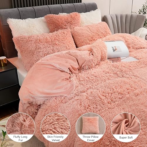 Miniatura 3 de Juego de funda de edredón de felpa mullida de color rosa, tamaño individual, funda de edredón de terciopelo ultra suave de lujo, juego de cama de 3