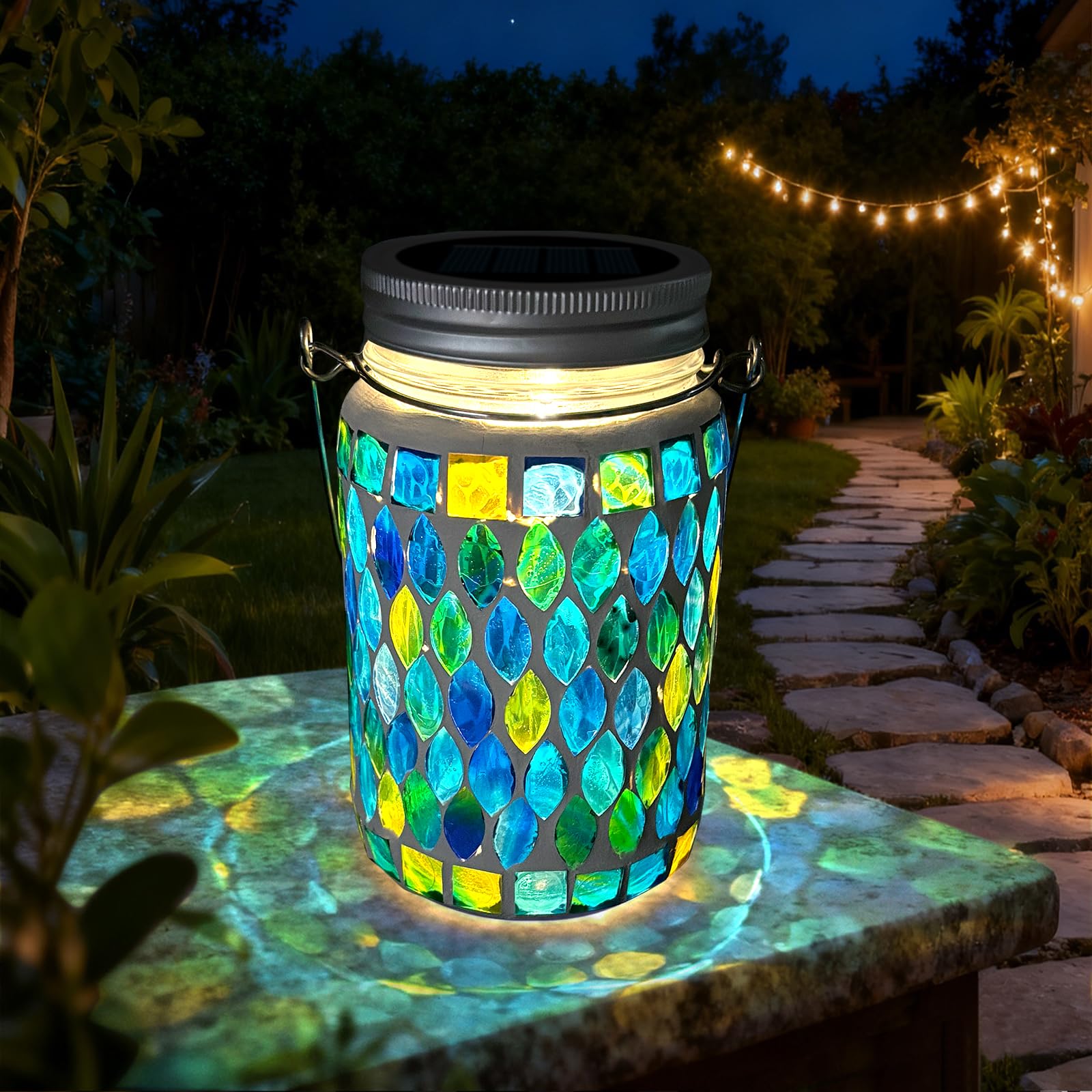 2PCS Mosaic Solar Lights Outdoor Garden, On/Off Glass Hanging Solar Mosaic Lanterns Lights IP65 Waterproof for Table Lawn Path Courtyard Deck Fence, Blue Mosaic Glass - 5