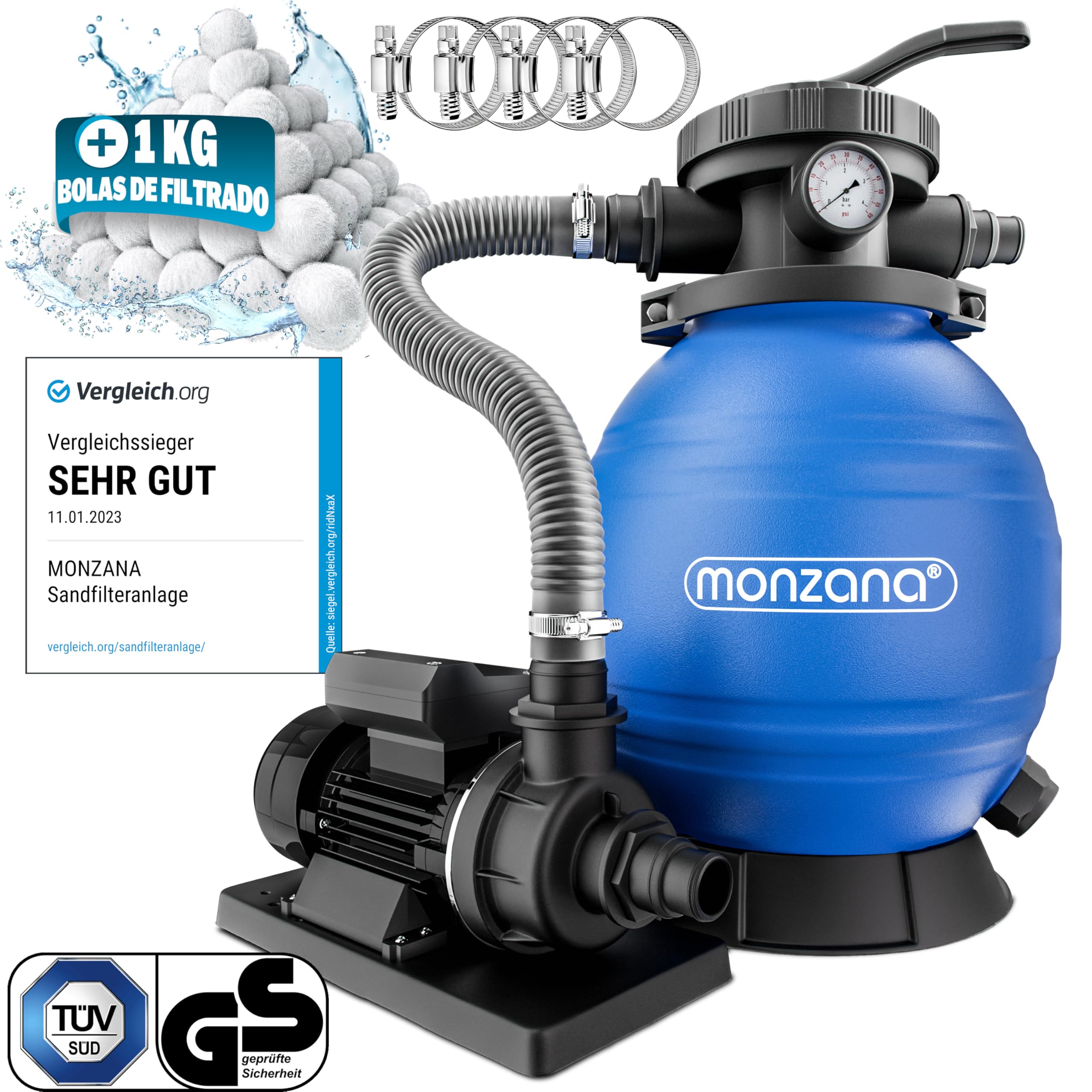 MONZANA® Depuradora Piscina 10.200L/h Filtro de Arena hasta 35.000L incl. Bolas Filtrantes Válvula 7 Funciones Filtrado 400W Adaptador Ø32-38 mm Bomba Indicador de Presión