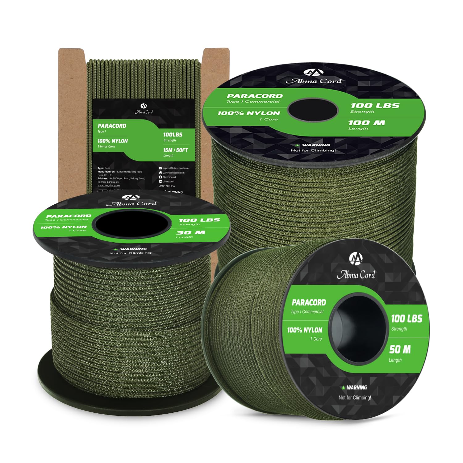 Abma Cord Paracord 2mm 15m 100% Nylon Rope 1 Strand Type I Parachute Cord - Max. 45kg (100lbs) - Army Green