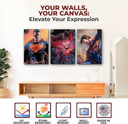 Miniatura 3 de Juego de 3 lienzos de pared de Superman de Mavis, decoración de pared de 16 x 24 pulgadas, arte de pared impreso en HD y enmarcado de madera,