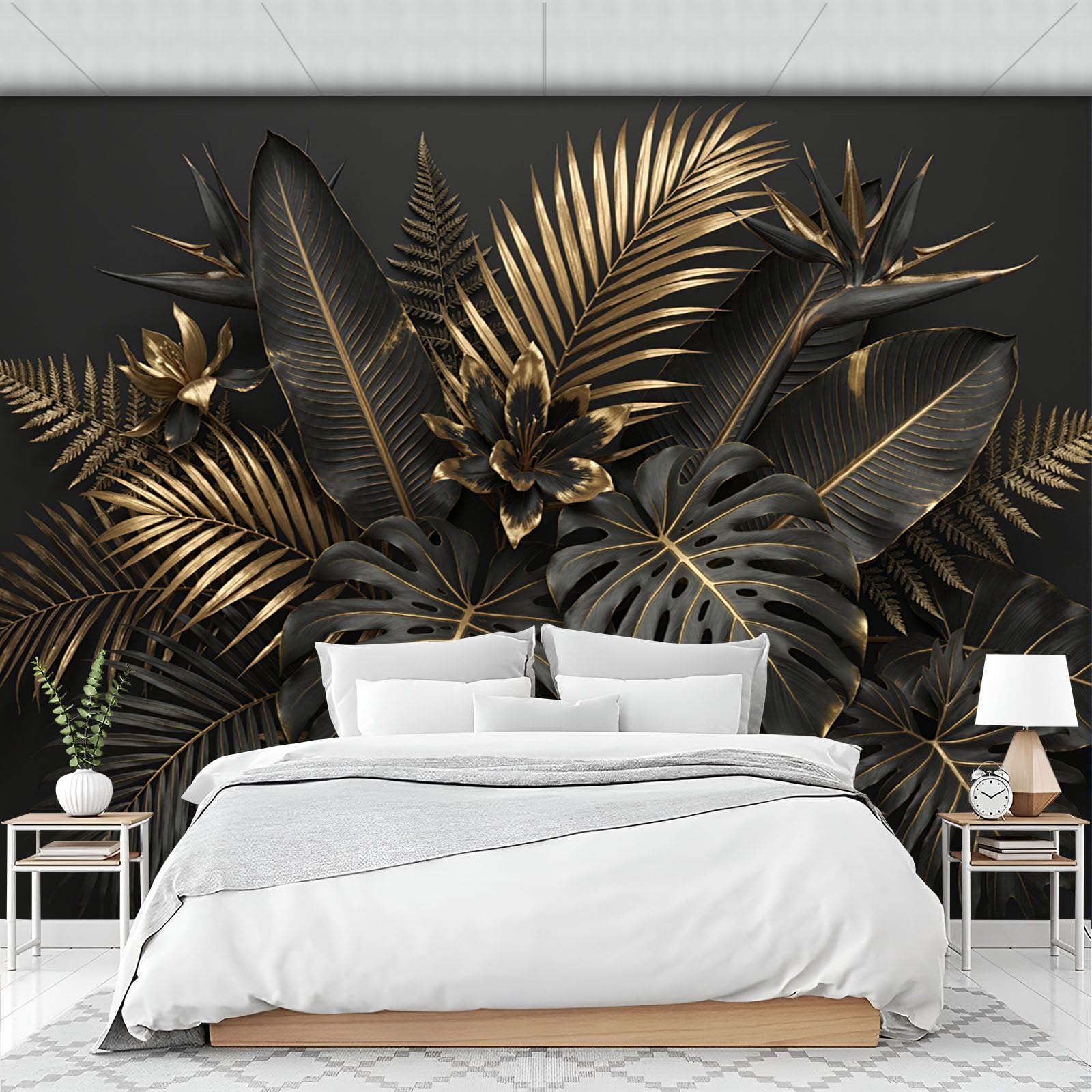 Papier peint soie relief jungle noire de luxe, grand panoramique moderne pour mur de chambre