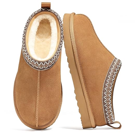 Genuine Suede Fuzzy Slippers for Women Winter Warm House Shoes Cozy Mini Boots for Indoor Outdoor