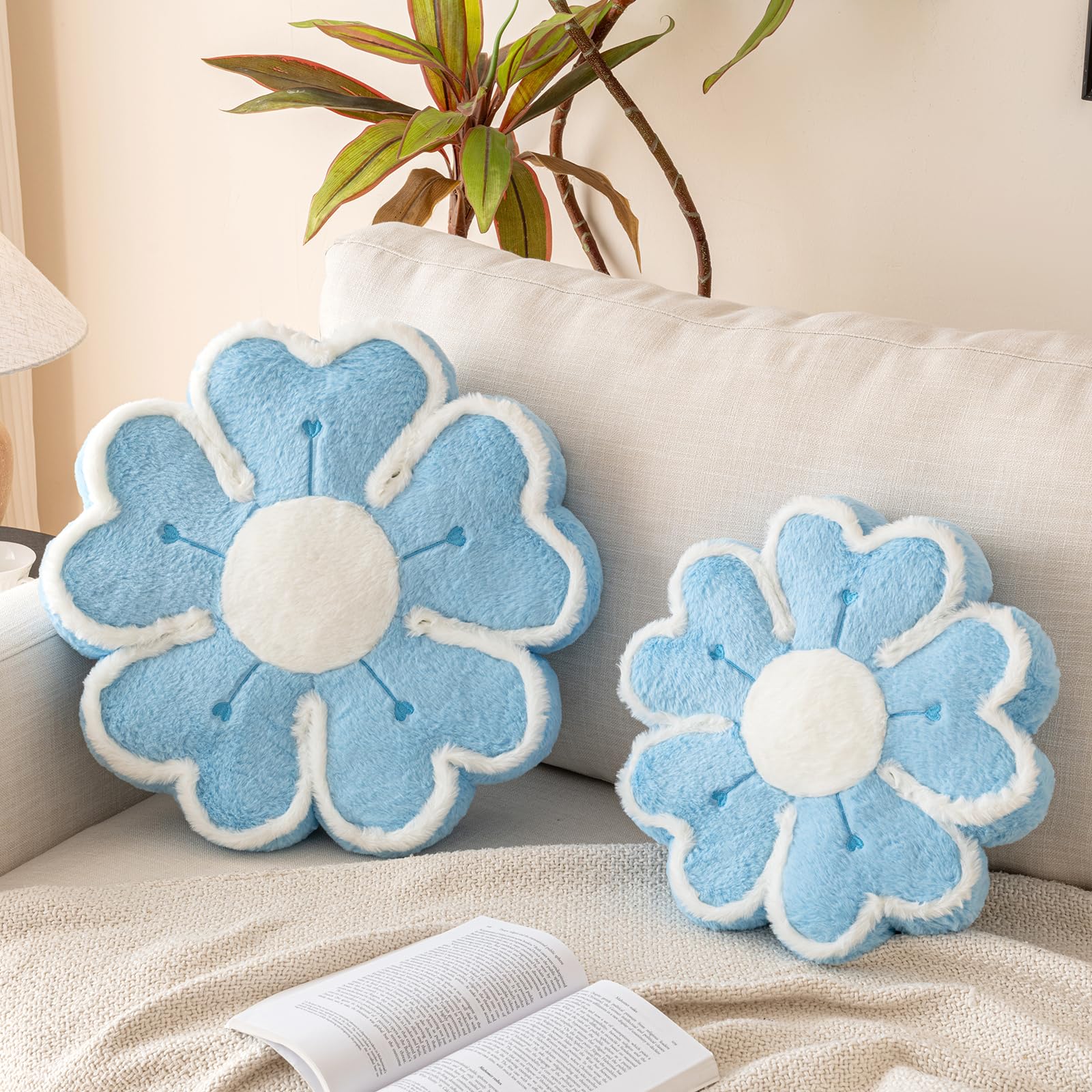 Almohada de flores, cojín decorativo en forma de flor para cama y sofá, lindas almohadas de felpa para decoración del hogar, almohada de suelo (azul, 17.7 pulgadas)