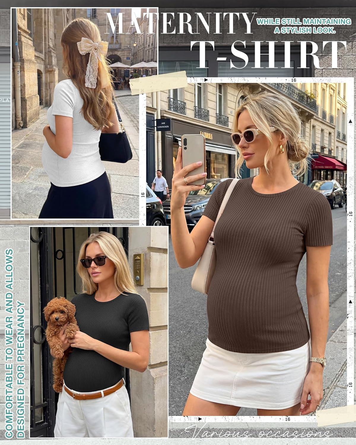 Ficerd 3 Pack Women's Maternity Shirts Short Sleeve Ribbed Pregnancy Tops Crew Neck Basic Tees Summer Mama Clothes - Image 5