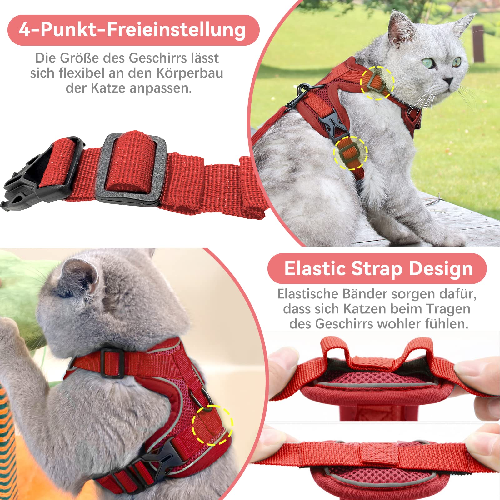 Arnés Ajustable para Gatos a Prueba de Fugas, arnés para Gatos con Correa, arnés Suave para Gatos, Gatitos, Perros, Cachorros (Rojo-M) — view 6