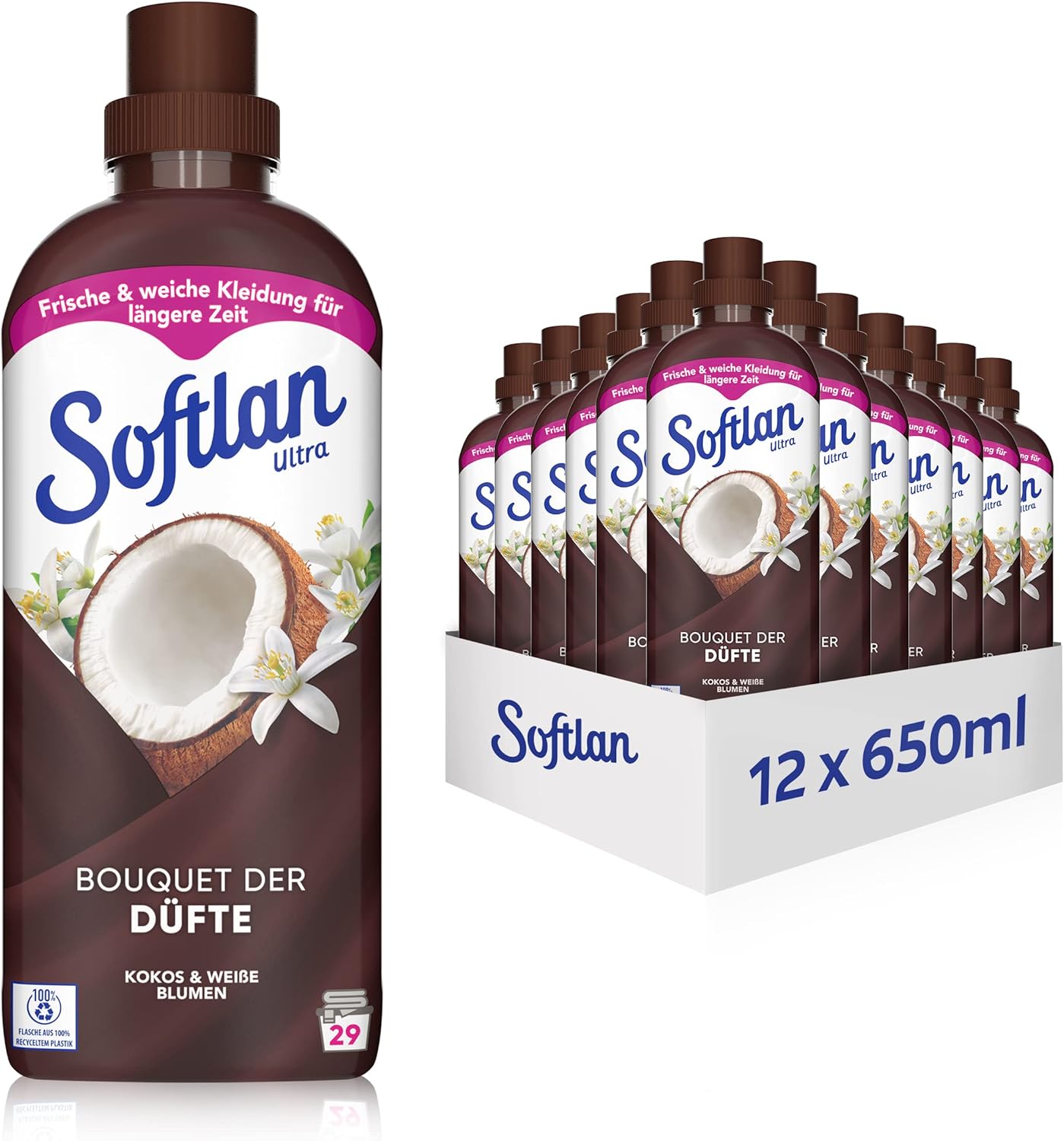 Softlan Ultra Fabric Softener Coconut & White Flowers 12 x 650 ml LongLasting, Fresh, Soft