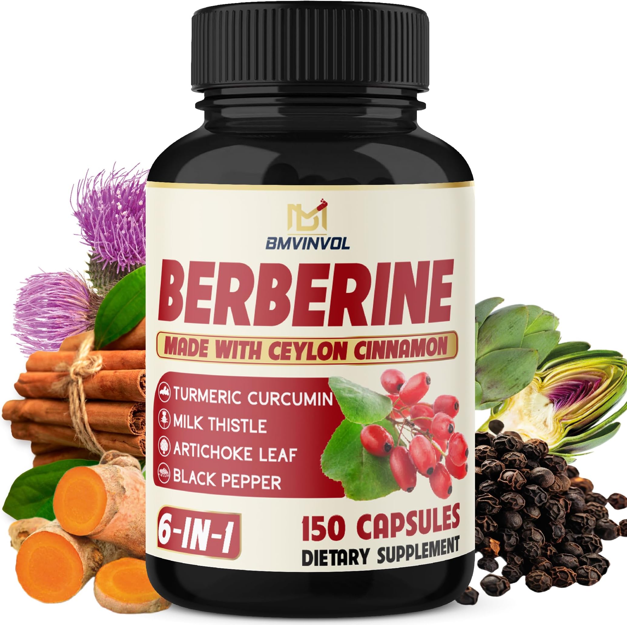 Berberine Supplement Equivalent to 4700mg - 5 Months Supply - High Potency with Ceylon Cinnamon - Supports Immune System, Cardiovascular & Gastrointestinal Function - Berberine HCl Supplement Pills