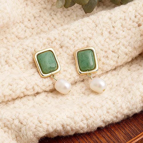 Miniatura 5 de Sonateomber Gold Gemstone Dangle Drop Earrings for Women,Chunky Statement Pearl Square Natural Stone Healing Dangling Earings Prom Wedding