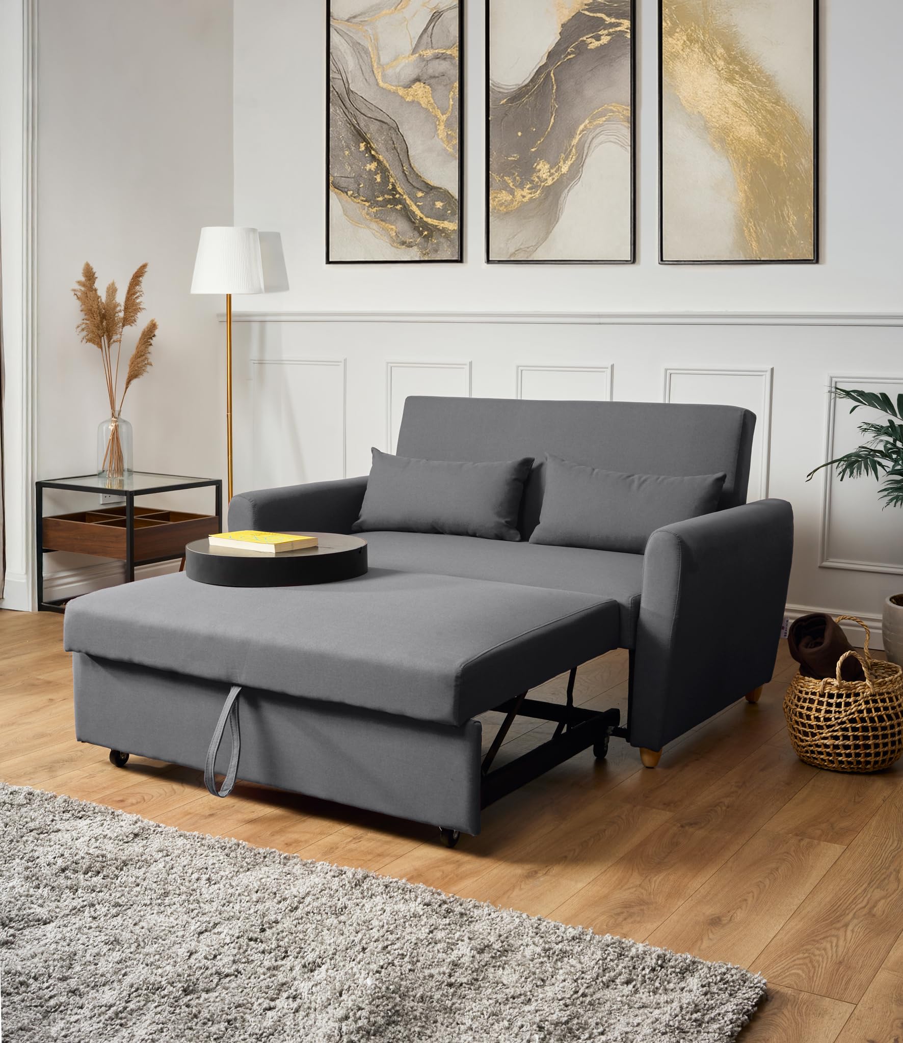Bravich Dahlia Grey 2 Seater Pull Out Sofa Bed | Compact Double Sleeper Sofabed | Modern Linen Fabric Convertible Couch for Small Spaces, Living Room, Guest Room | 140cm