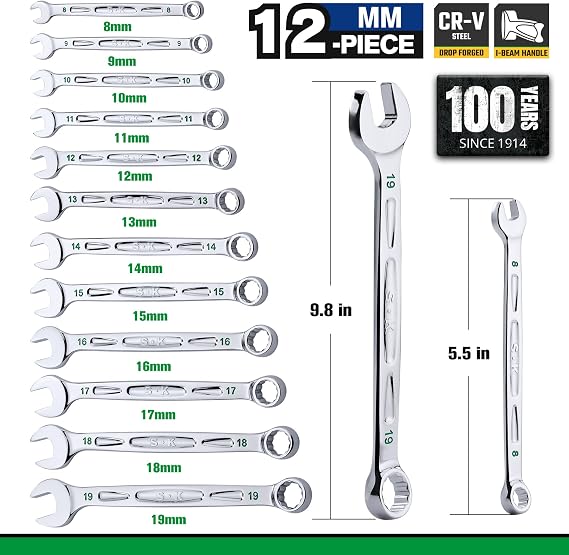 SK Combination Wrench Set, Metric 8 to 19mm, 12-Piece, SuperKrome Finish, Premium CR-V Construction, with Rolling Pouch