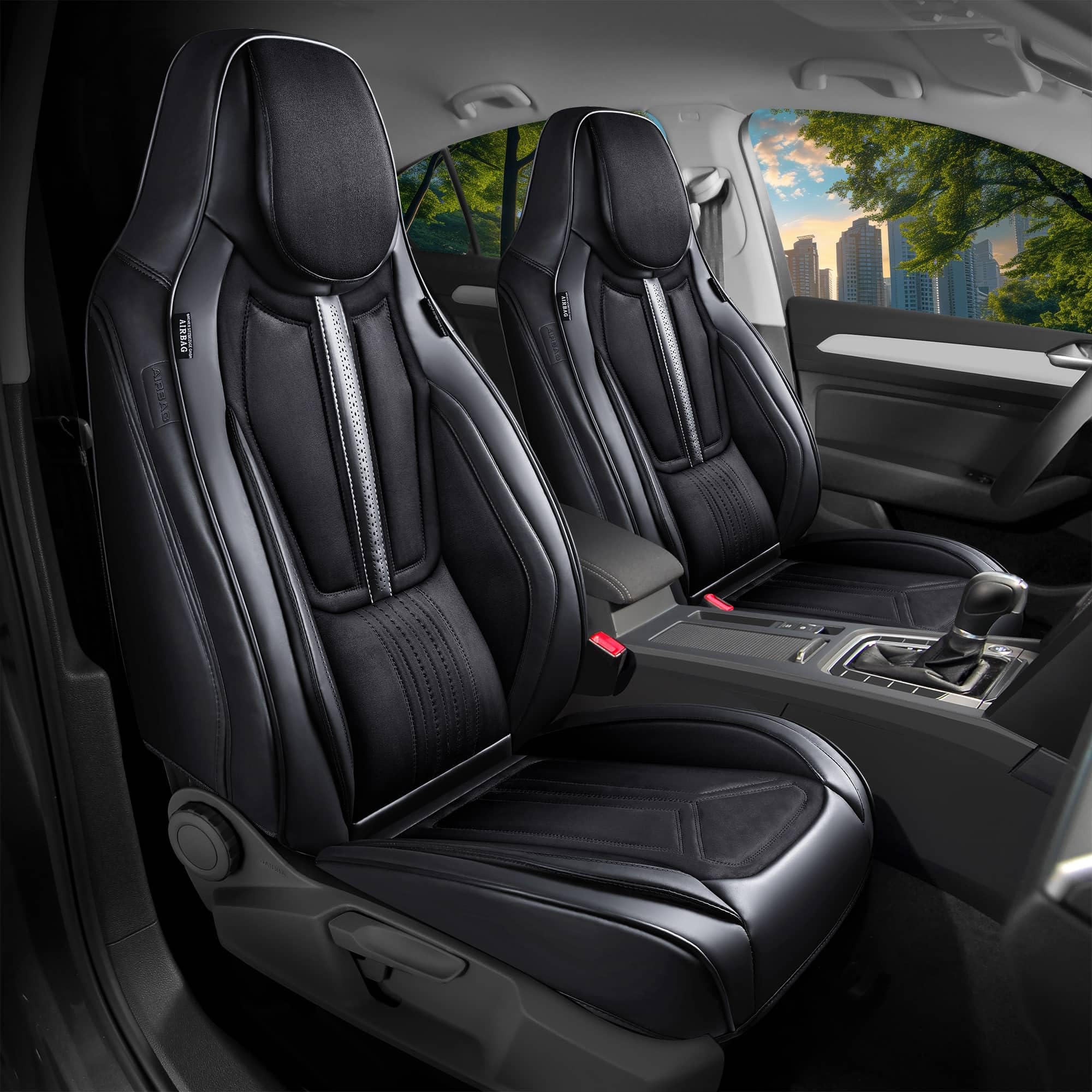 Autositzbezüge Universal für PKW, SUV – Premium Vordersitzbezüge Schwarz, hochwertig verarbeitet für mehr Sitzkomfort, Airbag-kompatibel, Schonbezüge für Fahrer & Beifahrersitz mit Rückentasche