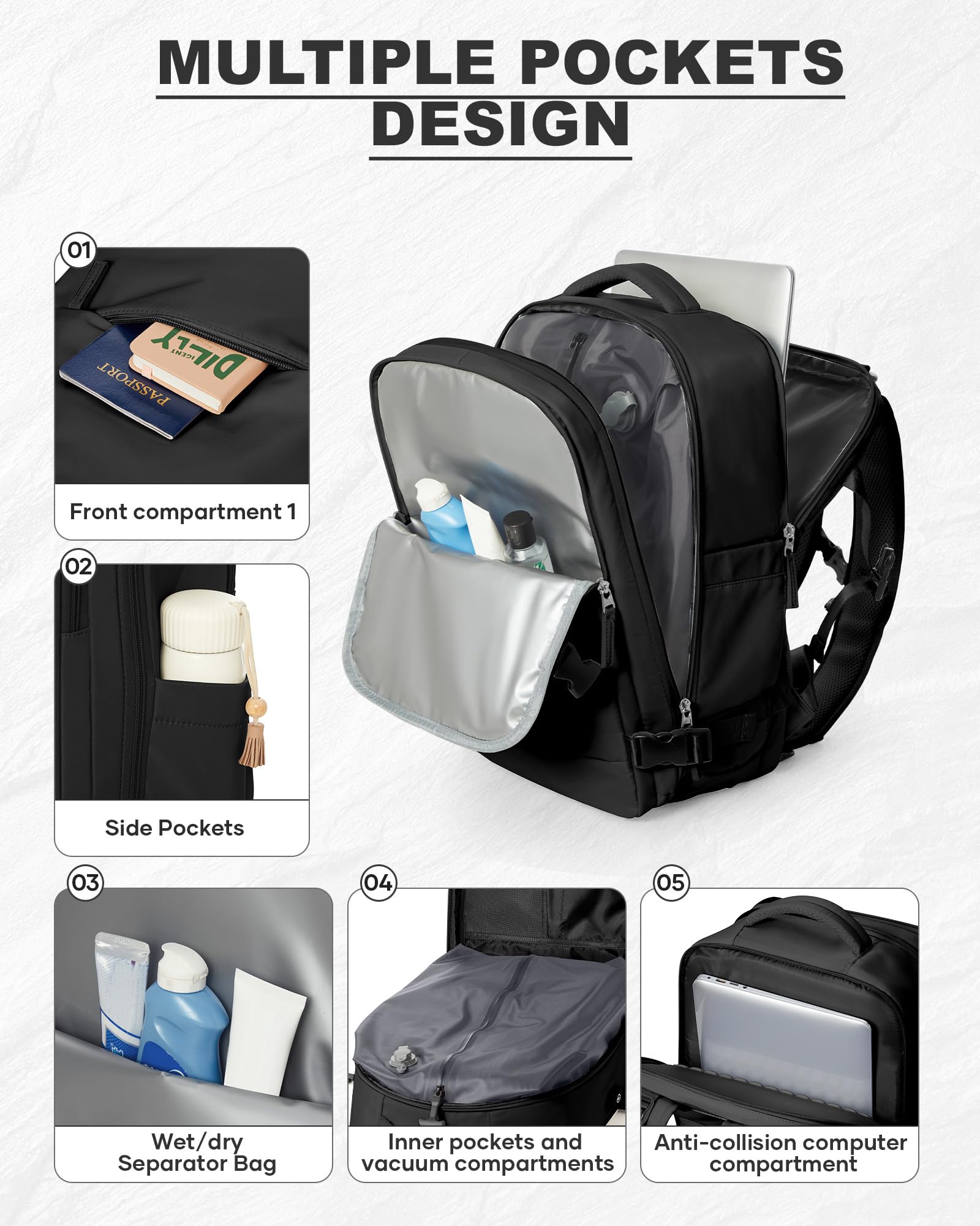 Vakuum Handgepäck Rucksack mit Pumpe 40x30x20 für Ryanair Reiserucksack Easyjet Unter Dem Sitz Flugzeug Handgepäck Weekendertasche Wanderrucksack Lässiger Tagesrucksack,A01-Schwarz