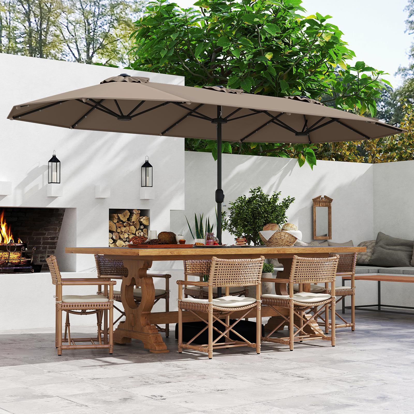 GOPLUS Grand Parasol de Jardin Exterieur avec Pied, 4M Parasol Rectangulaire Double Face pour 6 Personnes avec LED, Manivelle et Ventilation, pour Marché, Piscine, Terrasse, Balcon (Café)
