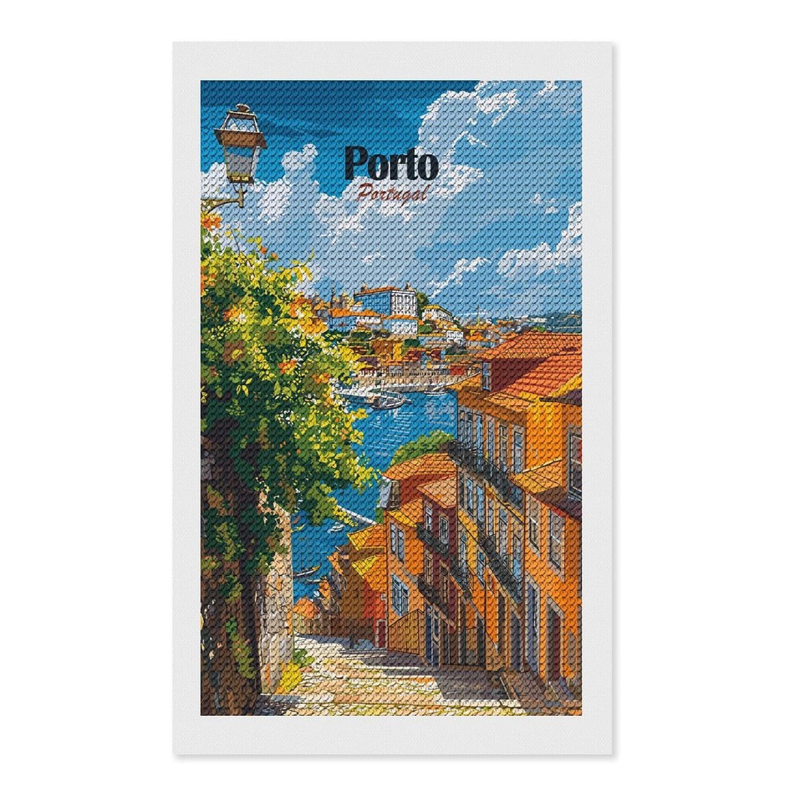 Junmoney Porto, Portugal Travel DIY Diamond Art Canvas Kit 12"x20", for Teens, Aesthetic Room Decor, Farmhouse Decor, Canvas Picture, Birthday Gift