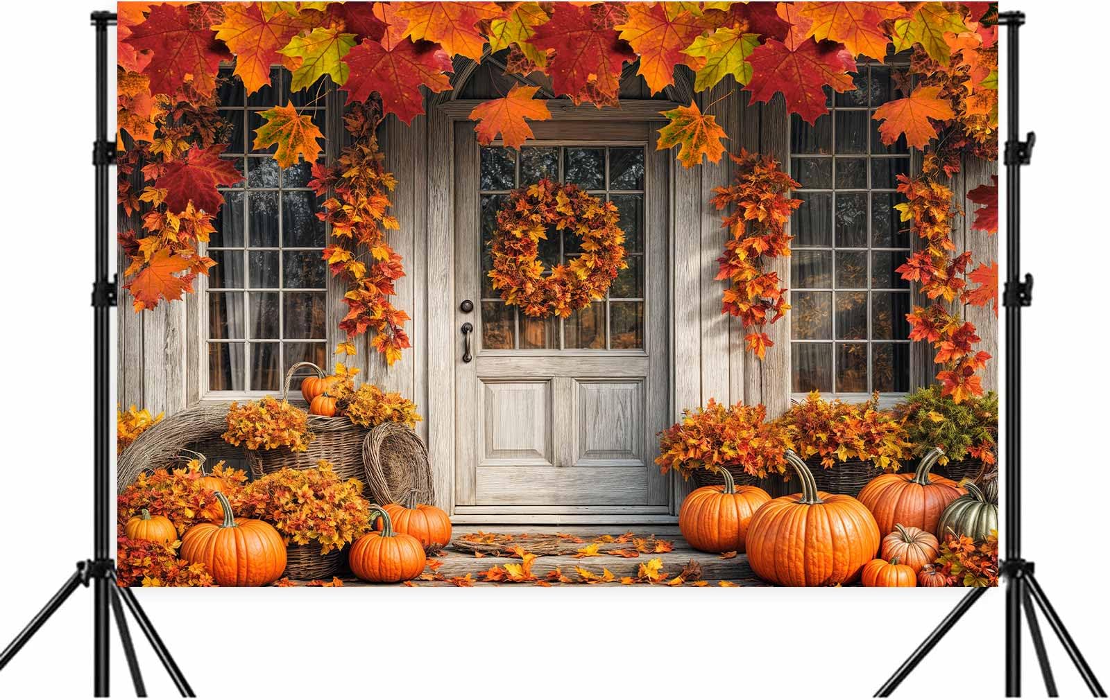 8X6ft Fall White Wood Door Photography Backdrop Autumn Western Forest Window Rustic Yellow Pumpkin Harvest Hay Natural Scenery Maple Leaves Harvest