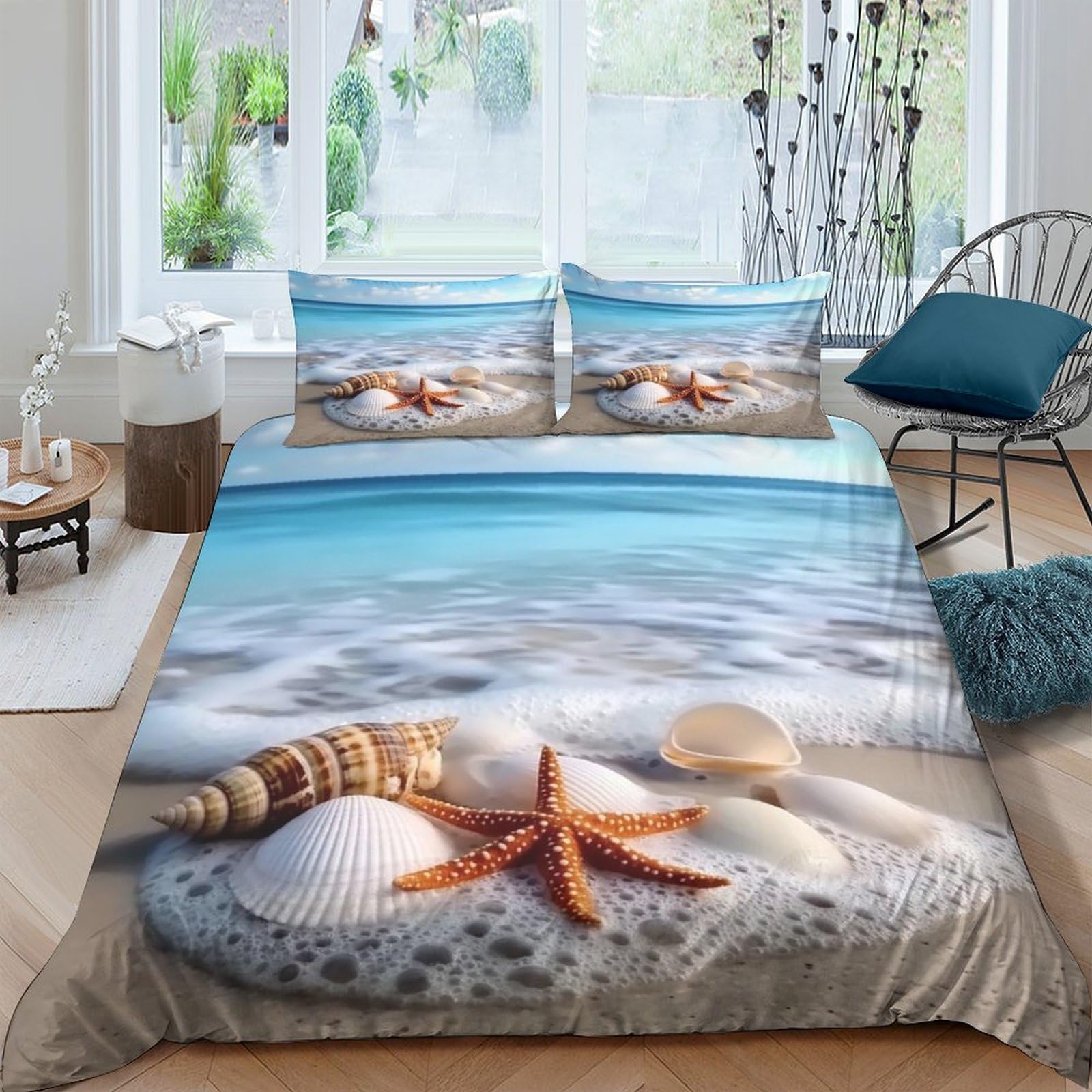 Ctjqhvkz Style-5 3D Printed Beach Ocean Fitted Sheet Microfiber Soft Breathable Seashell Starfish Mattress Cover For Bedroom Decor Single（135X200cm）