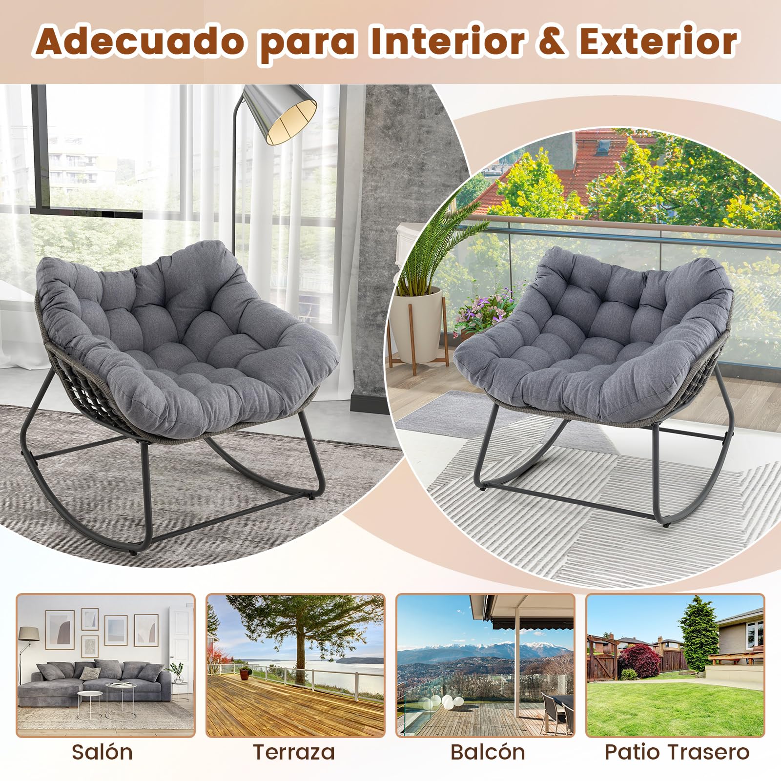 COSTWAY Silla Mecedora para Exteriores, Silla de Huevo de Mimbre PE de Gran Tamaño con Cojín Grueso y Extraíble, Silla de Ratán con Estructura Metálica Resistente para Salon, Balcón, Jardín (Gris)